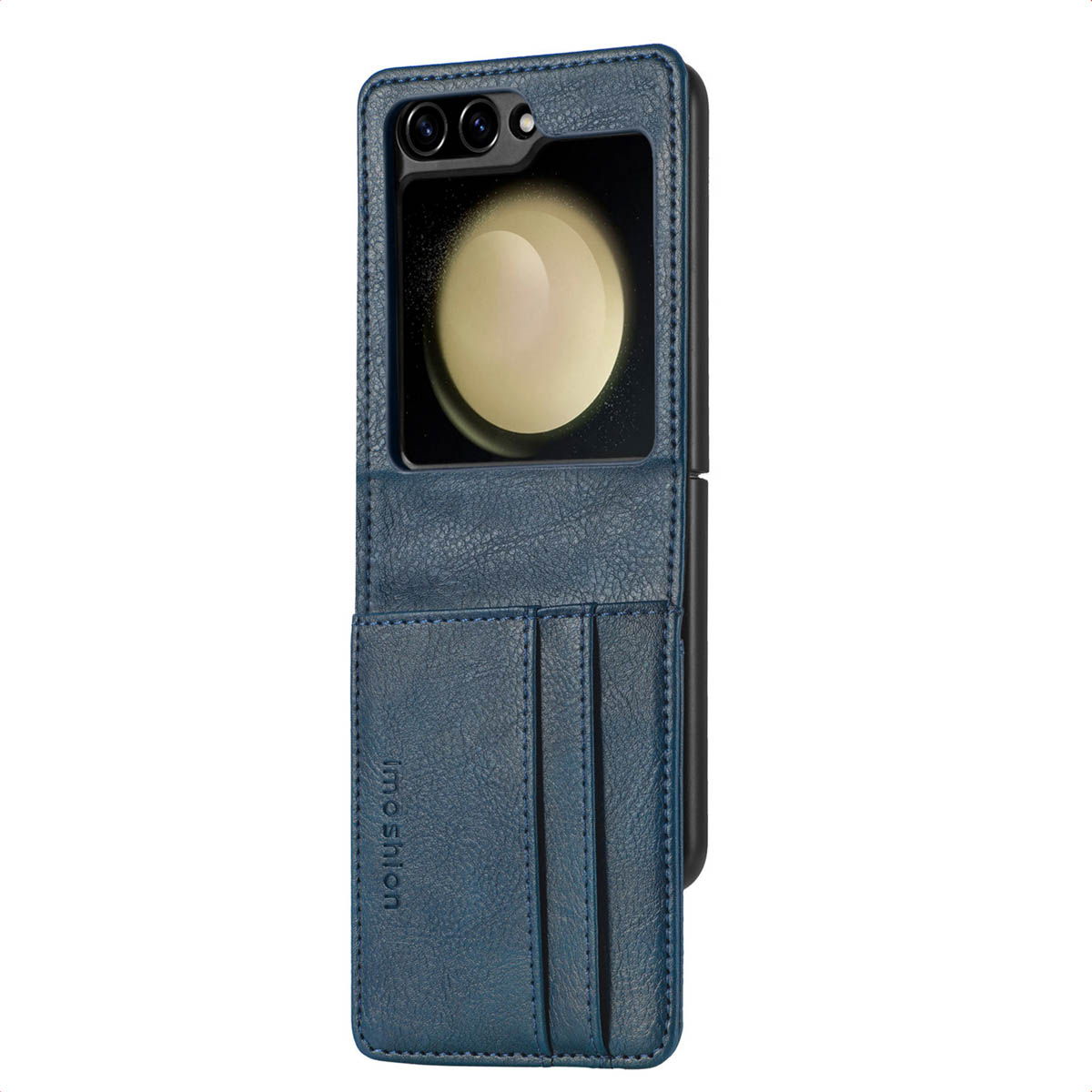 Un étui de téléphone en cuir bleu avec des fentes pour cartes. Le téléphone est ouvert, révélant l'écran et l'appareil photo. La marque 'moshion' est visible.