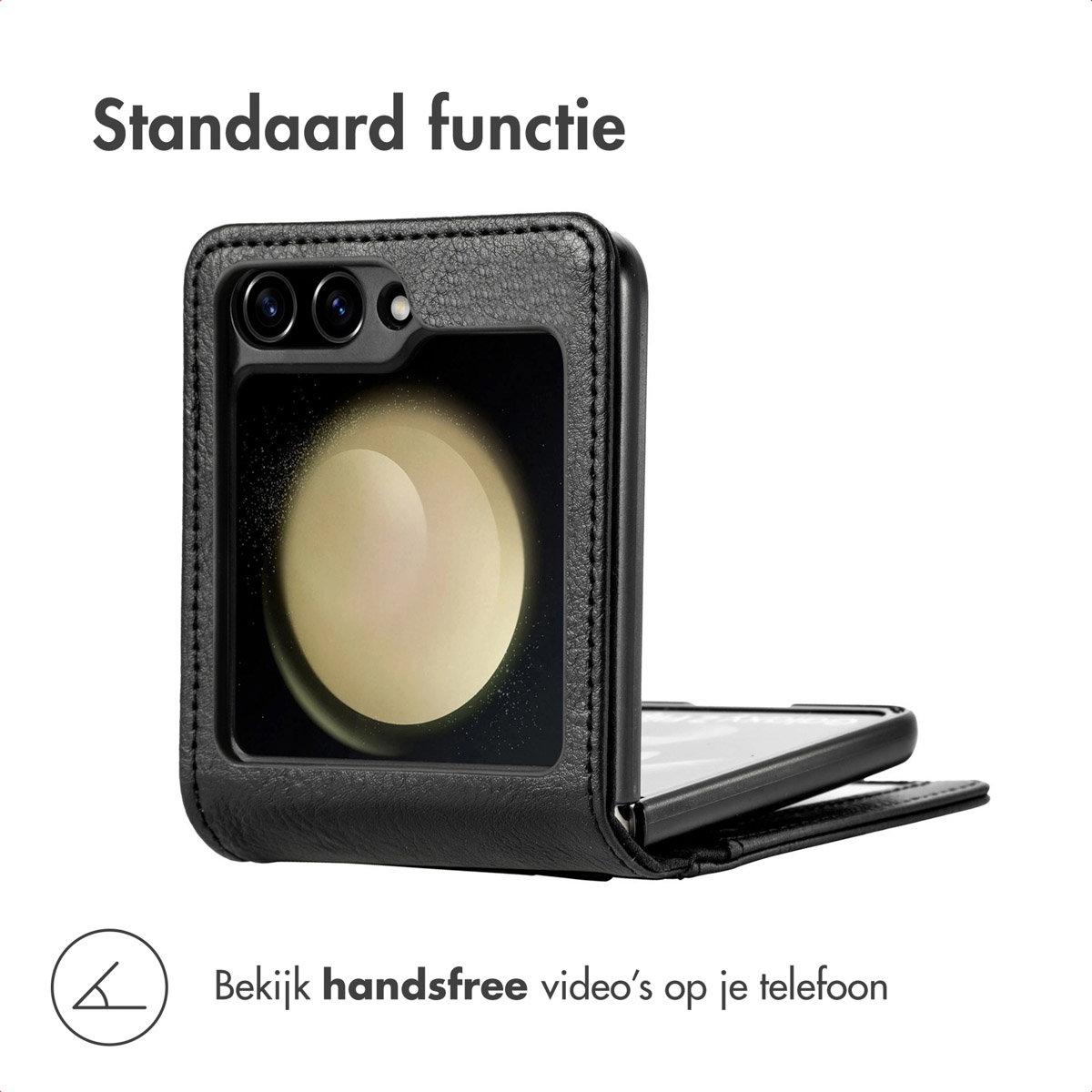 Zwarte telefoonhoes met een opgevouwen telefoon erin. Het scherm toont een heldere cirkel. De achtergrond is wit.