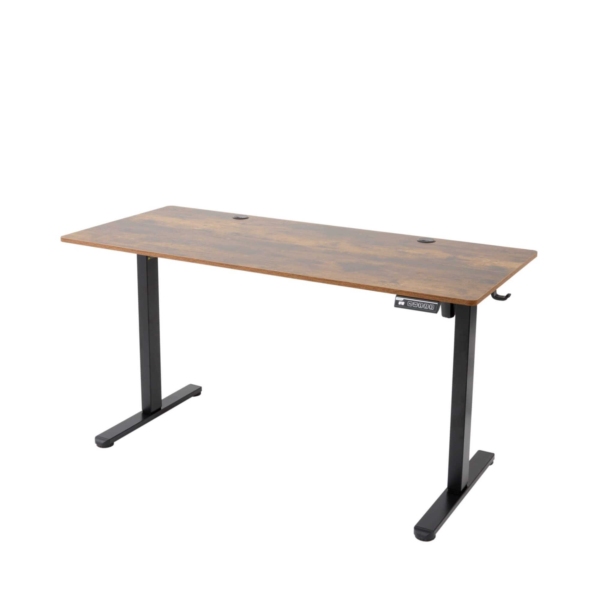 Ein brauner Stehtisch aus Holz mit schwarzen Beinen. Er hat zwei Löcher oben und ein Bedienfeld rechts.