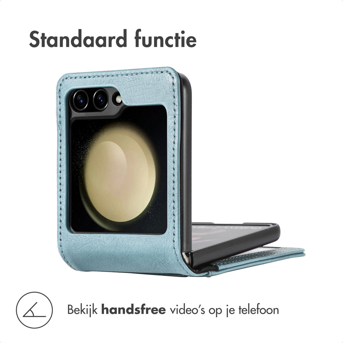 Lichtblauwe telefoonhoes met telefoon. Het scherm toont een lichtgele afbeelding. Nederlandse tekst aanwezig.