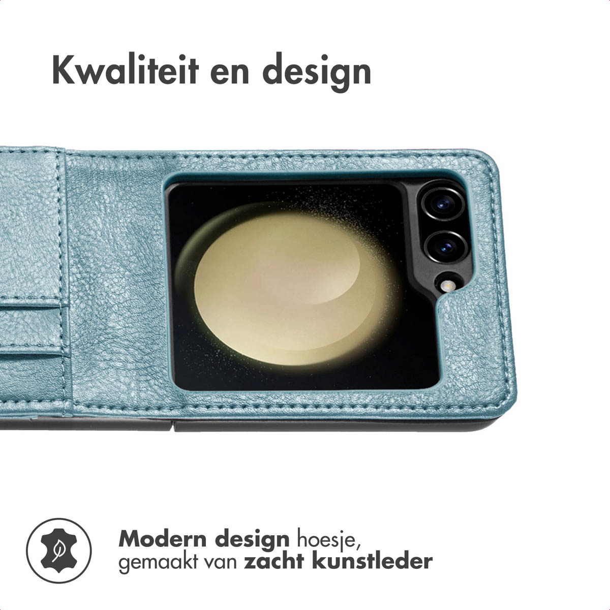 Blauwe leren telefoonhoes met telefoon erin. Het scherm toont een heldere cirkel. Tekst: 'Kwaliteit en design'.