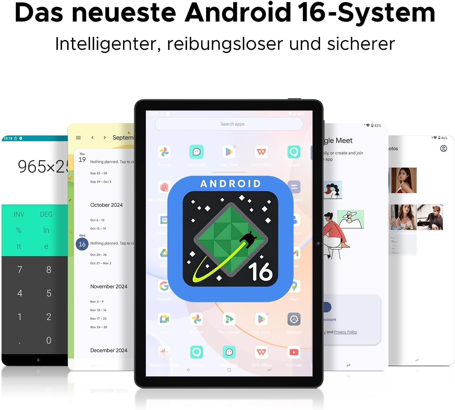 Ein Tablet zeigt die Android 16-Oberfläche, umgeben von anderen Bildschirmen mit Apps und einem Kalender.