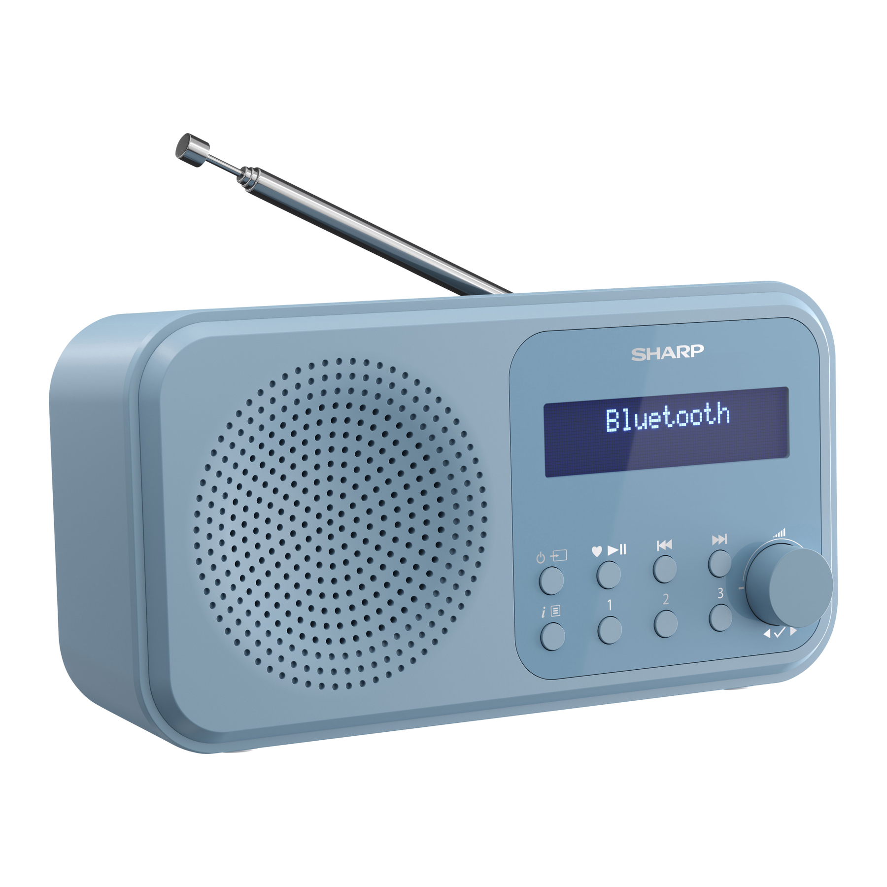 Ein hellblaues Sharp-Radio mit silberner Antenne. Es hat ein Bluetooth-Display und mehrere Tasten zur Steuerung.