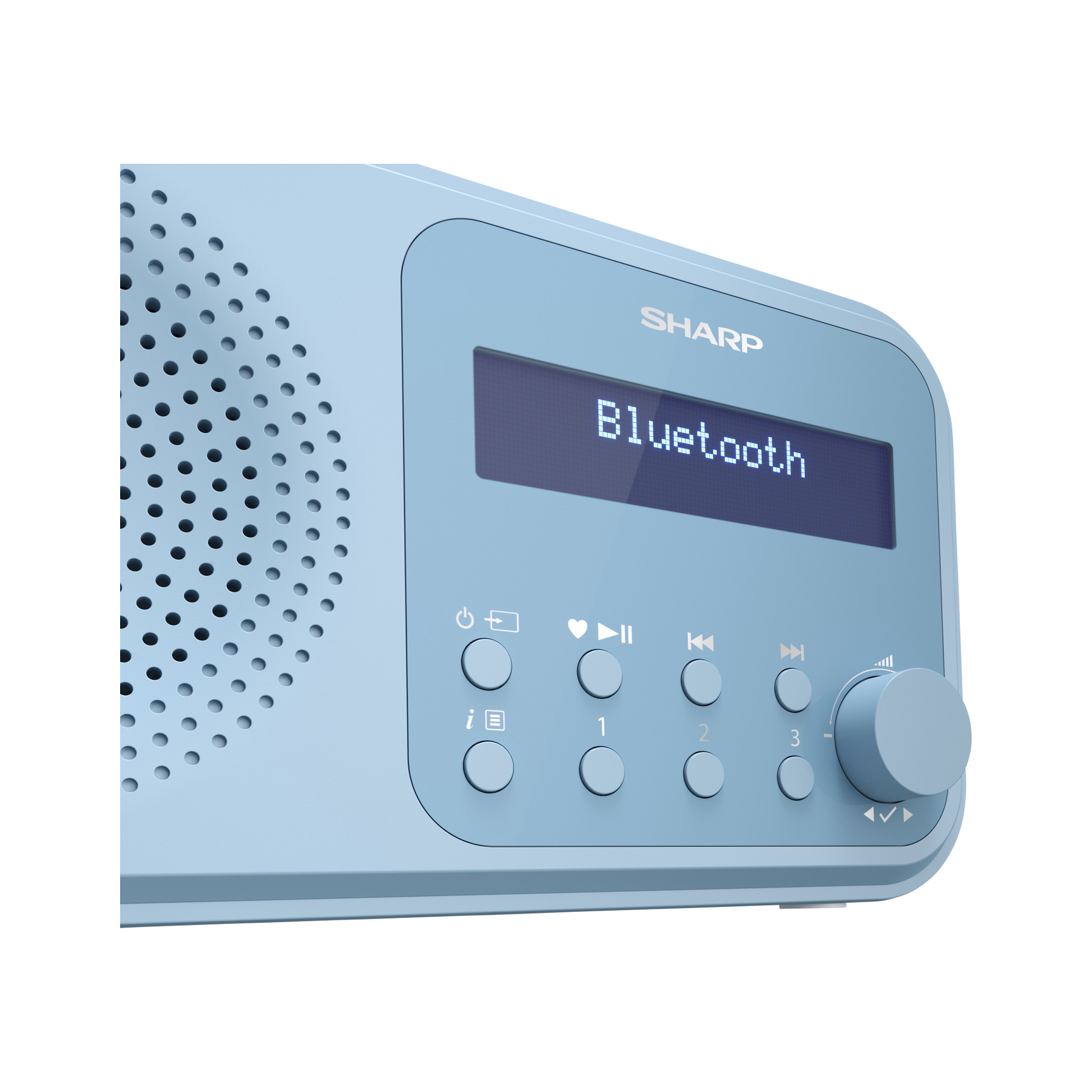 Ein hellblaues Sharp Bluetooth-Radio. Es hat ein Display mit der Aufschrift 'Bluetooth'. Auf der Vorderseite befinden sich Knöpfe und ein Lautstärkeregler.