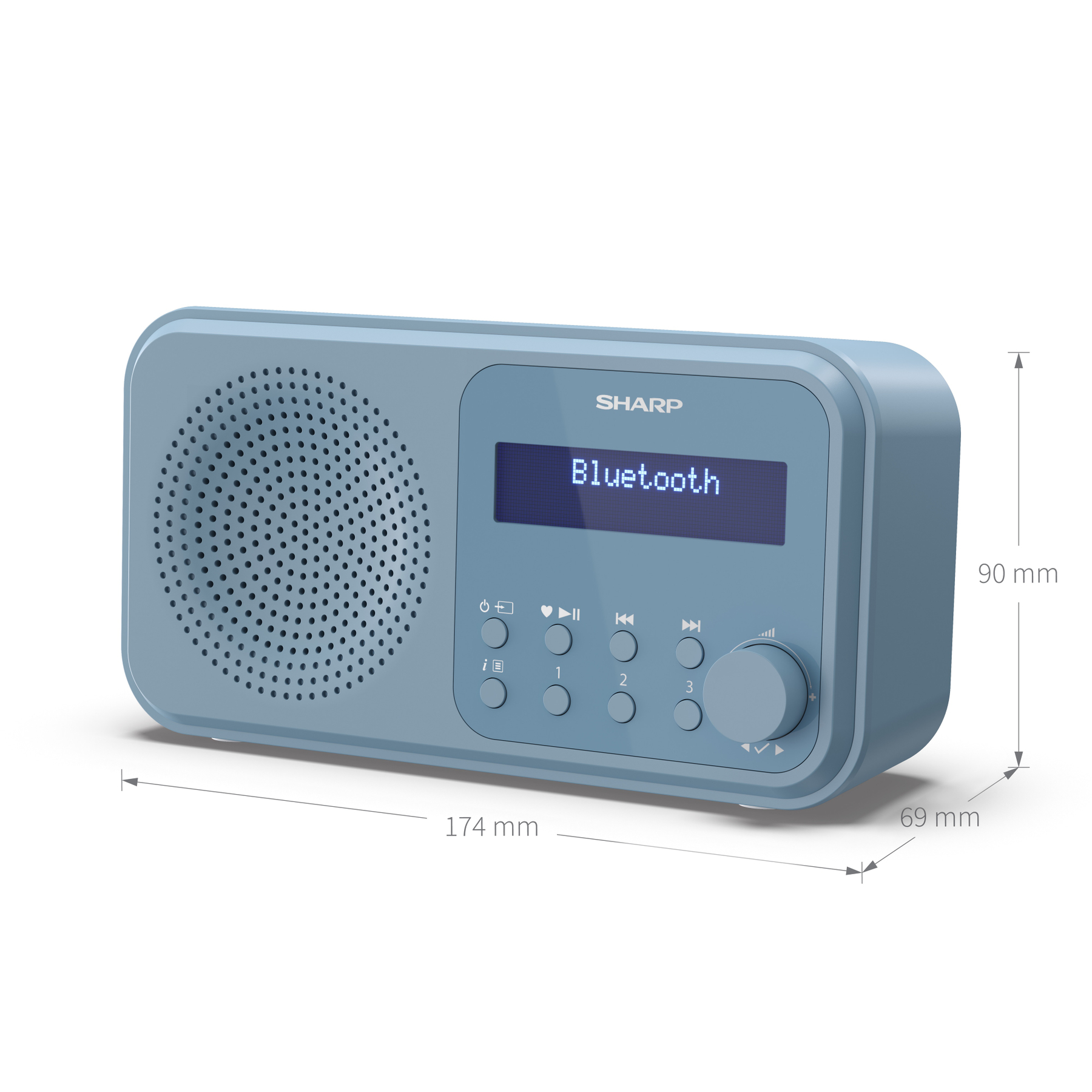 Hellblaues Sharp-Radio mit Bluetooth. Merkmale umfassen Lautsprecher, Bildschirm, Tasten und einen Lautstärkeregler. Abmessungen sind angegeben.
