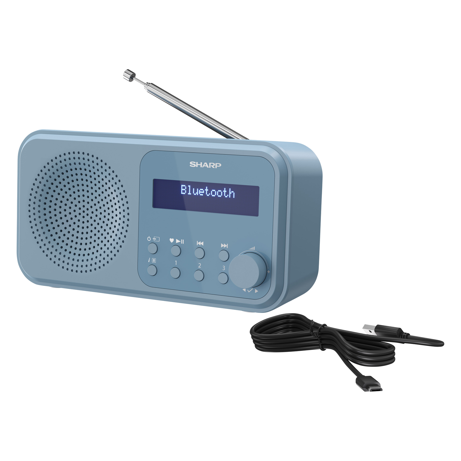 Ein blaues Sharp Bluetooth-Radio mit Antenne und schwarzem Kabel auf weißem Hintergrund.