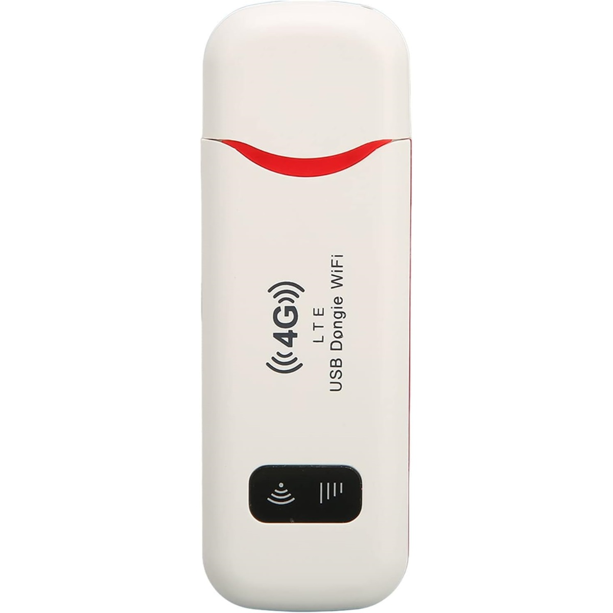 Ein weiß-roter USB-Dongle mit der Aufschrift '4G LTE USB Dongle WiFi' und einer schwarzen Taste mit einem Signal-Symbol.