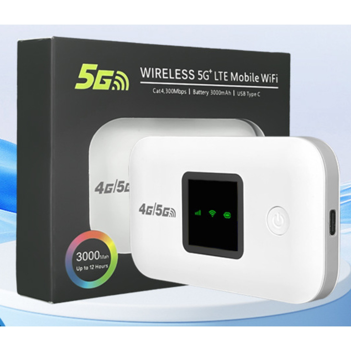 Ein weißes 5G-Mobil-WLAN-Gerät mit schwarzem Display, neben seiner schwarzen Box, die Spezifikationen wie 3000mAh Akku und 4G/5G-Funktionen anzeigt.