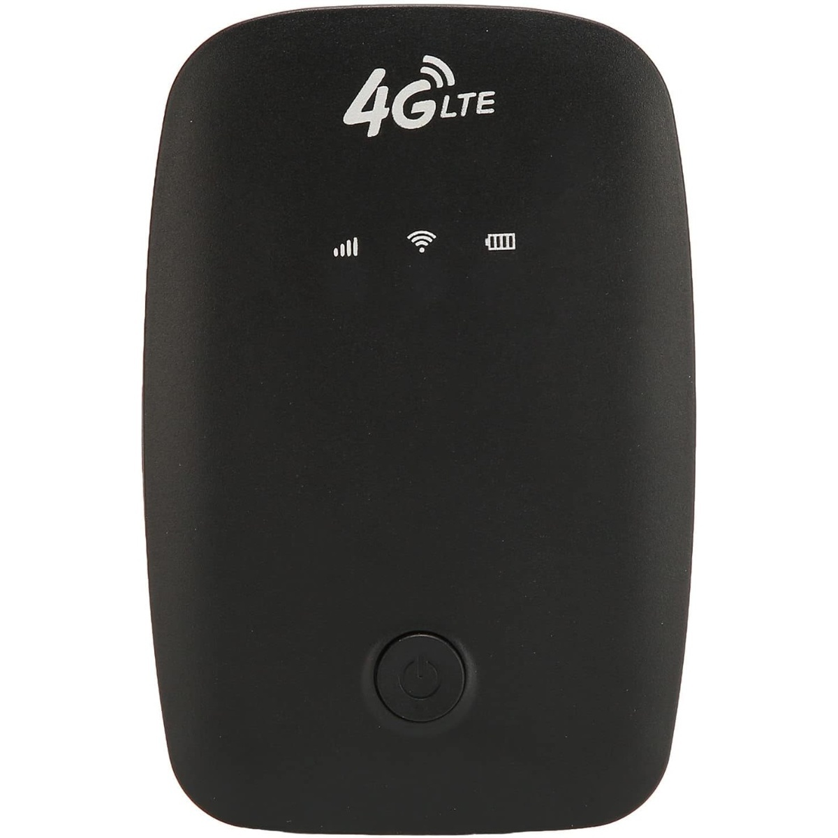 Ein schwarzer 4G-LTE-Mobiler-Hotspot mit Ein-/Aus-Taste und Status-Symbolen.
