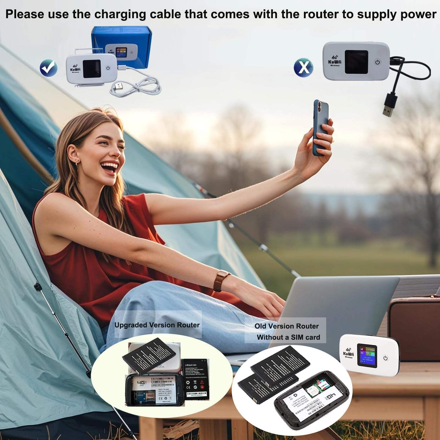 Frau mit Handy, Router und Batterien. Das Bild vergleicht Router-Versionen. Text: Verwenden Sie das Ladekabel.
