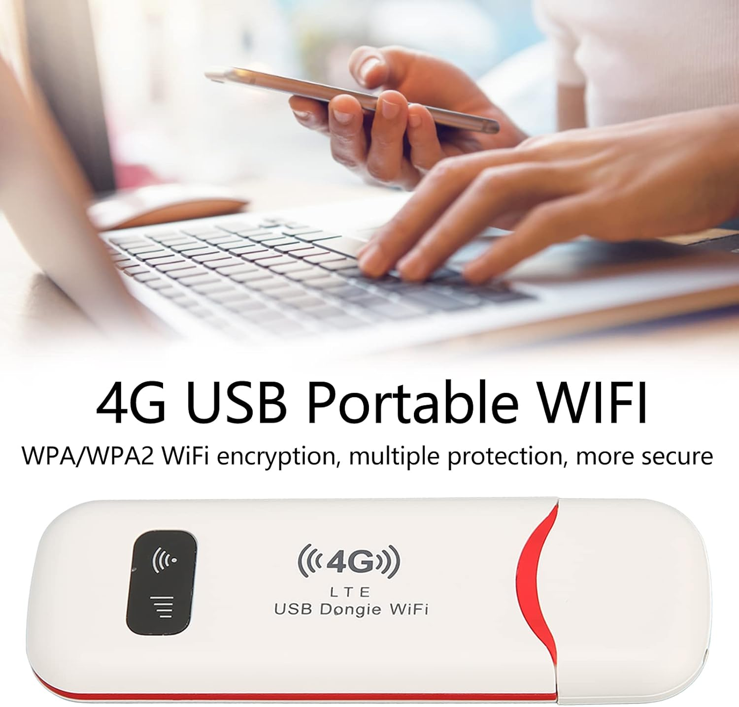 Eine Person benutzt einen Laptop und ein Smartphone. Unterhalb wird ein 4G-USB-WLAN-Gerät mit Text über seine Funktionen angezeigt.