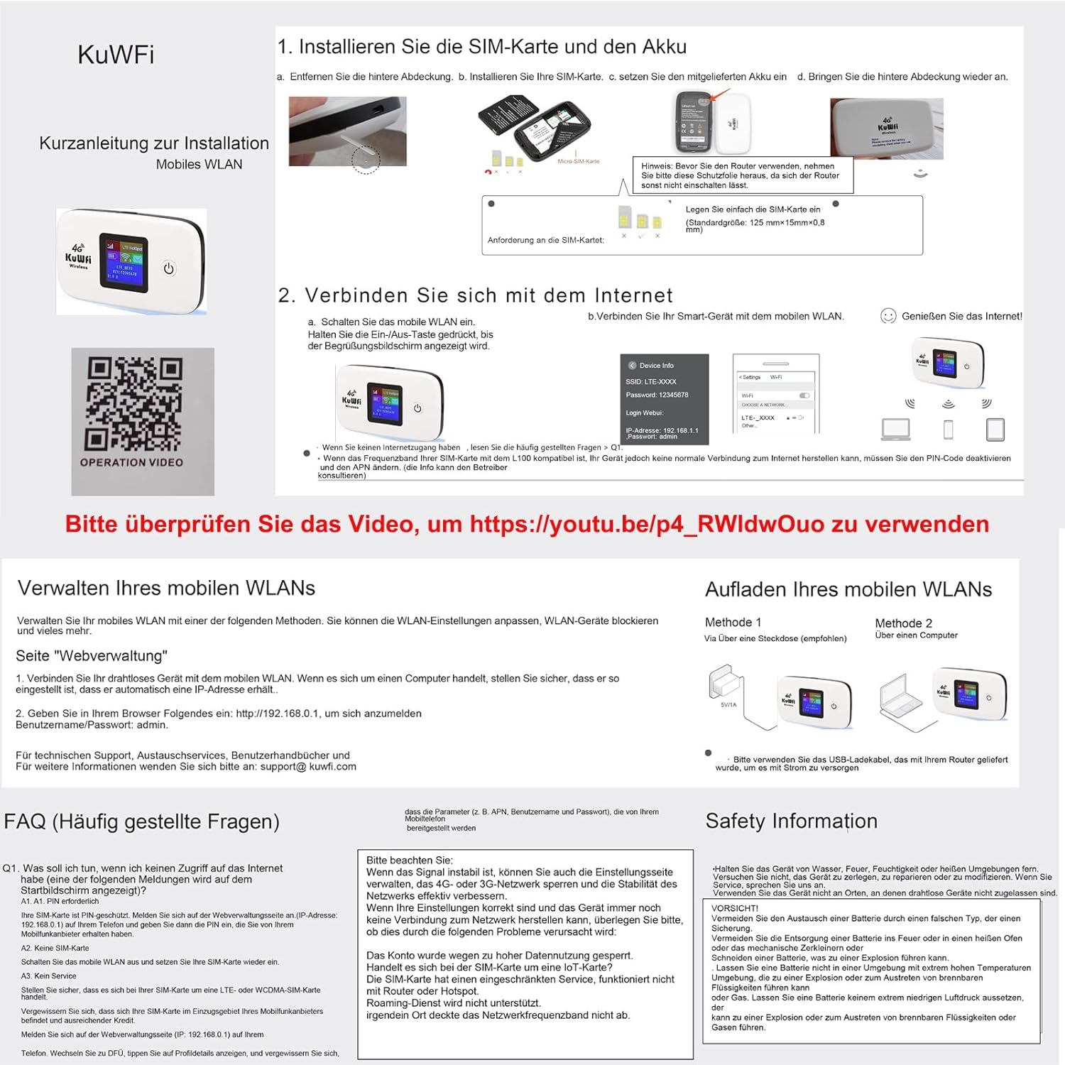 Weißer KuWFi mobiler WLAN-Router mit Bildschirm, Ein-/Aus-Taste und QR-Code auf weißem Hintergrund.