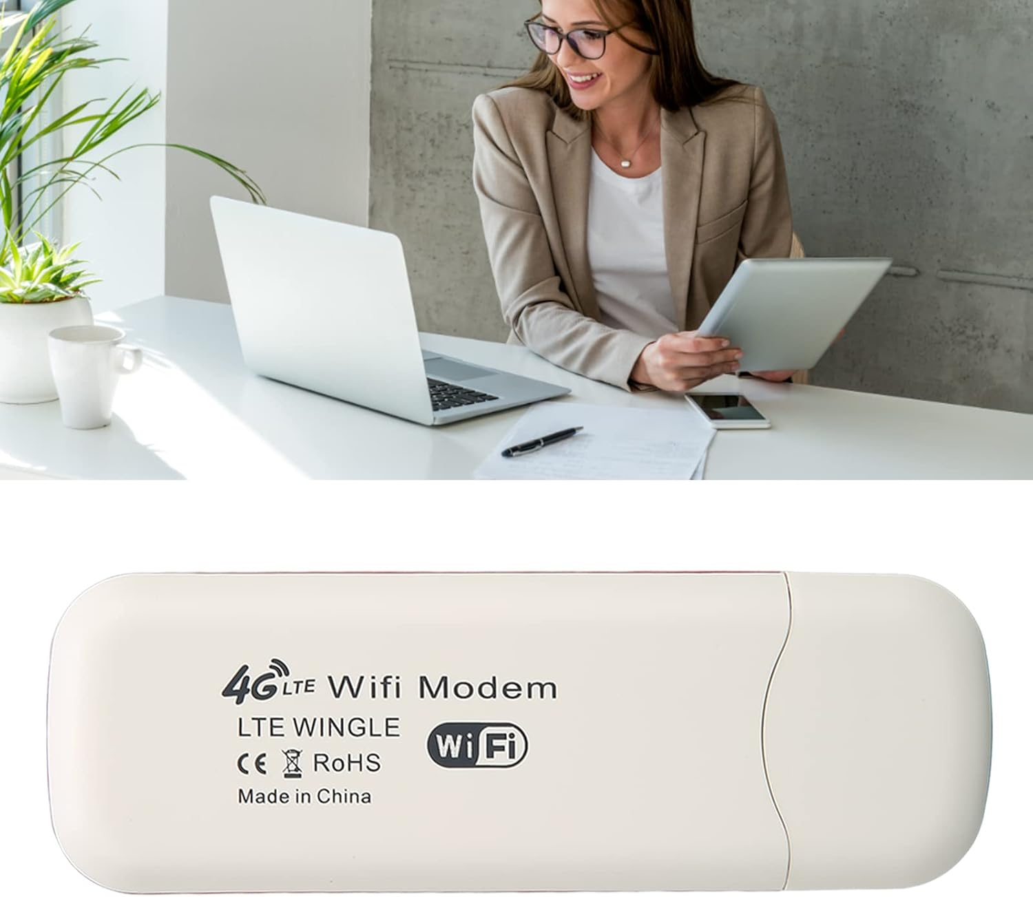 Eine Frau benutzt ein Tablet und einen Laptop an einem Schreibtisch. Unten ist ein 4G LTE WiFi Modem abgebildet. Eine Pflanze und eine Tasse sind sichtbar.
