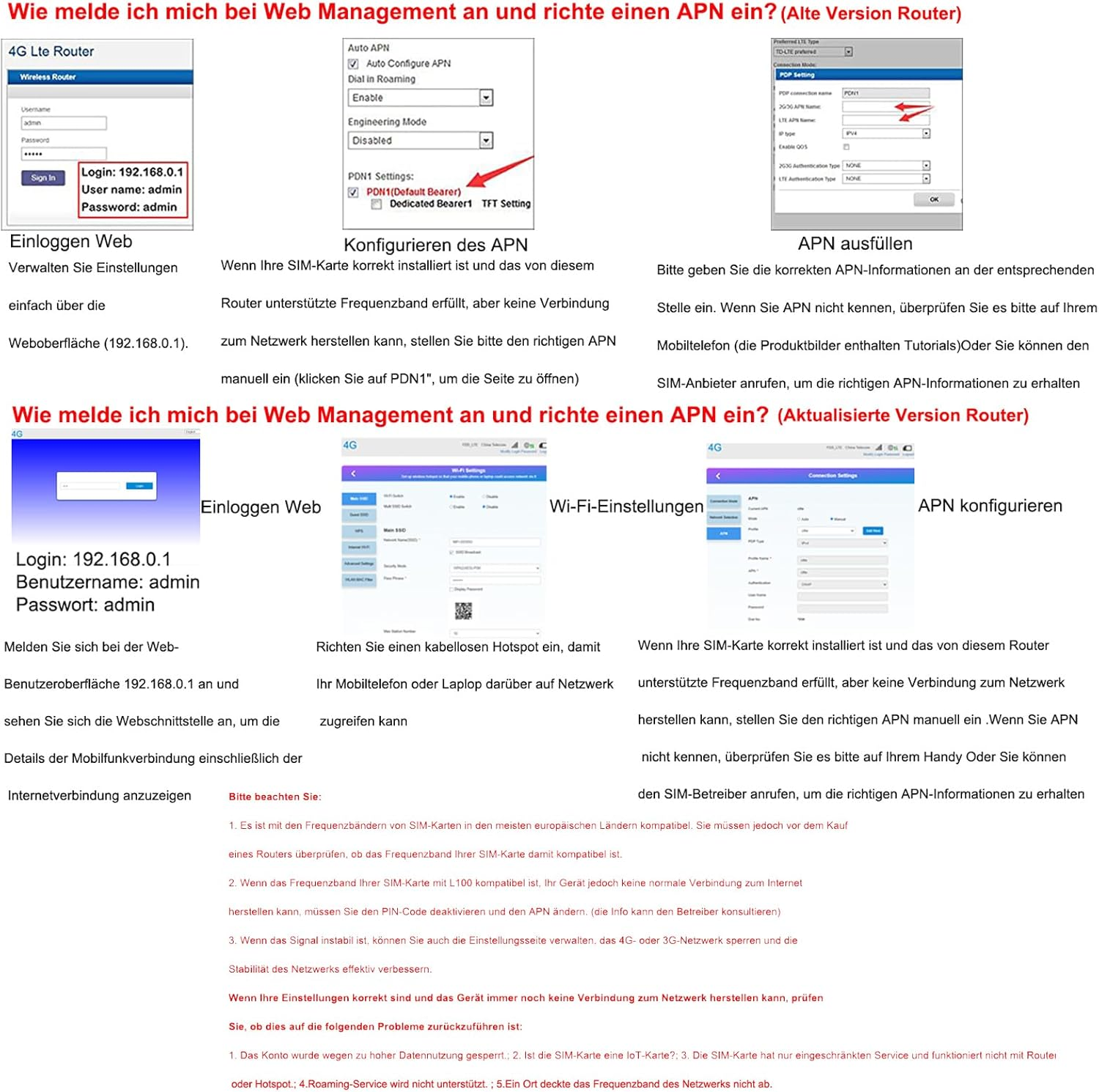Webseite mit Router-Einstellungen. Sie zeigt Login-Details, APN-Konfiguration und WLAN-Einstellungen.