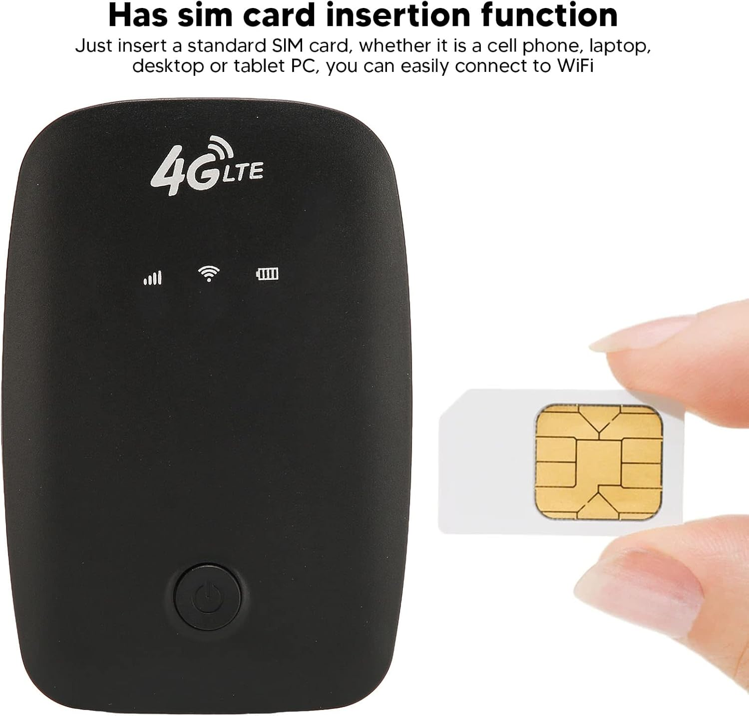 Ein schwarzes Modem mit 4G LTE-Logo. Eine Hand hält eine SIM-Karte neben dem Modem, was auf das Einlegen der SIM-Karte hindeutet.