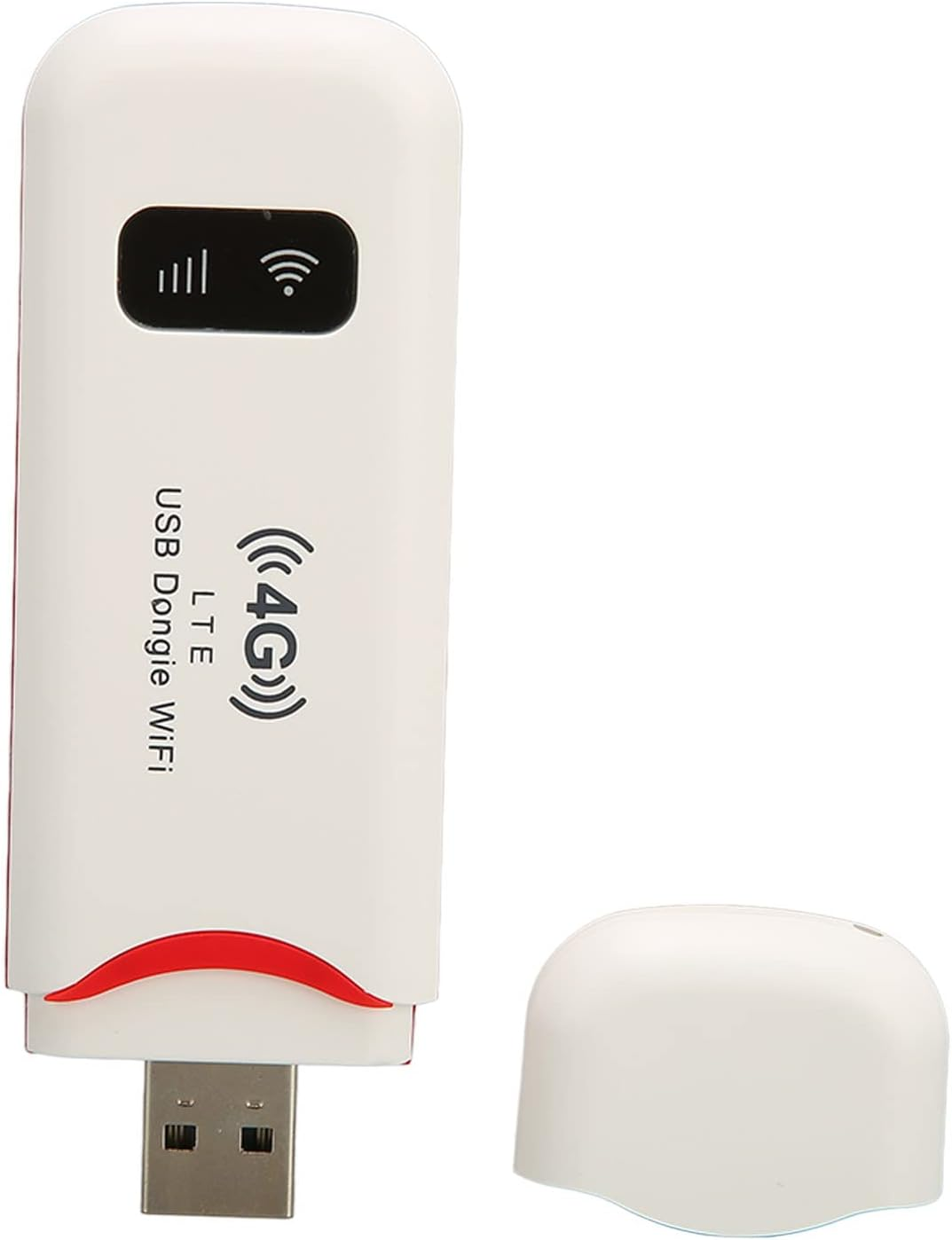 Weißer USB-Dongle mit 4G- und WLAN-Symbolen. Die Kappe ist abgenommen. Roter Akzent unten.