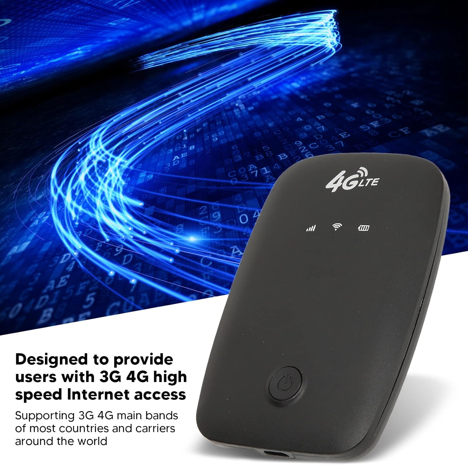 Schwarzer 4G LTE mobiler Hotspot. Blauer Hintergrund mit Datenströmen. Text: 'Entwickelt, um Benutzern 3G 4G Highspeed-Internetzugang zu bieten'.