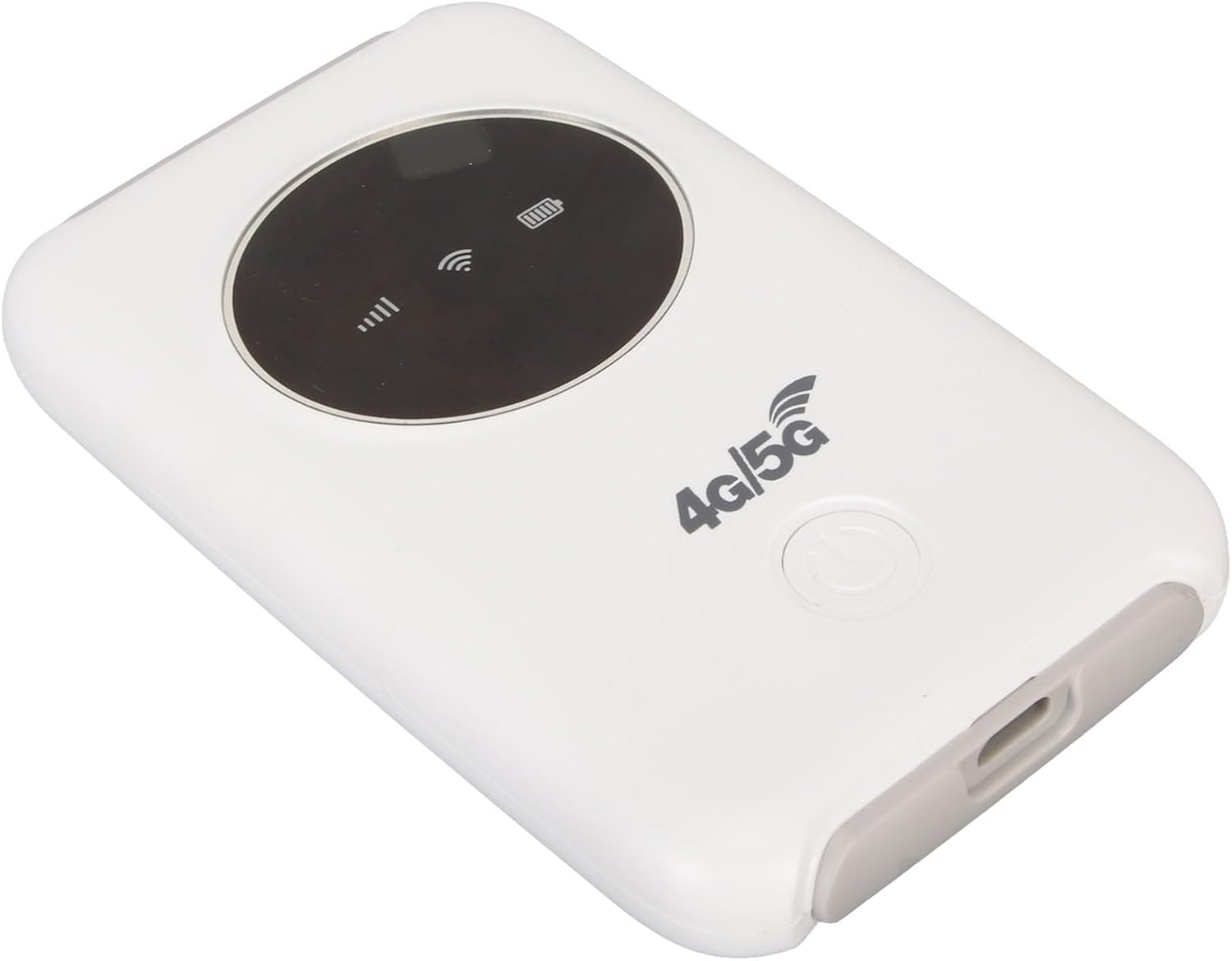 Ein weißer mobiler 4G/5G-WLAN-Router. Er hat einen schwarzen Kreis mit Symbolen für Signal und Akku. Graue Akzente an den Kanten.