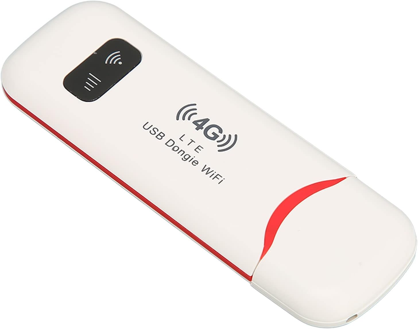 Weißer USB-Dongle mit rotem Akzent. Er hat eine schwarze Taste mit WLAN-Symbol und eine 4G LTE WiFi-Beschriftung. Er befindet sich auf weißem Hintergrund.