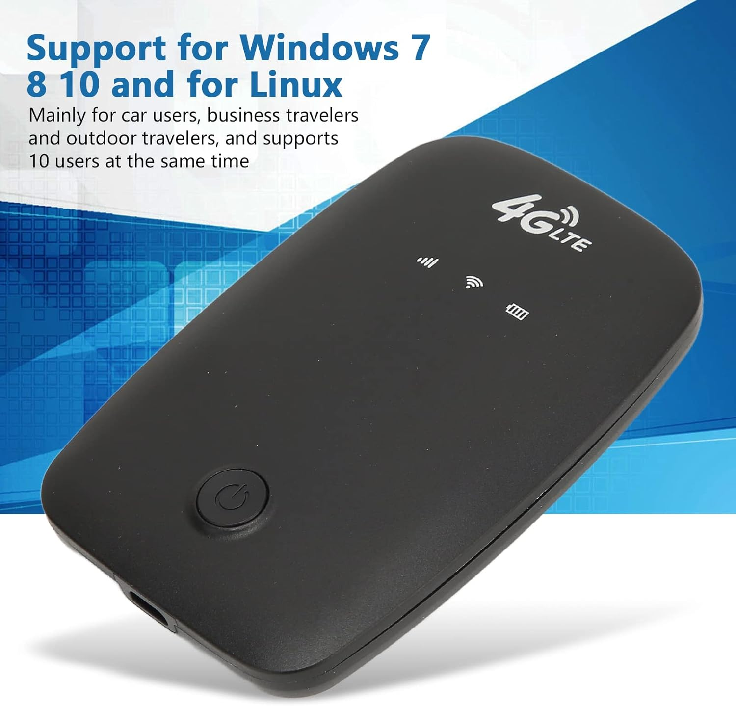Ein schwarzes 4G-LTE-Gerät mit Ein/Aus-Taste. Text erwähnt Windows- und Linux-Unterstützung. Es ist für Reisende und unterstützt 10 Benutzer.