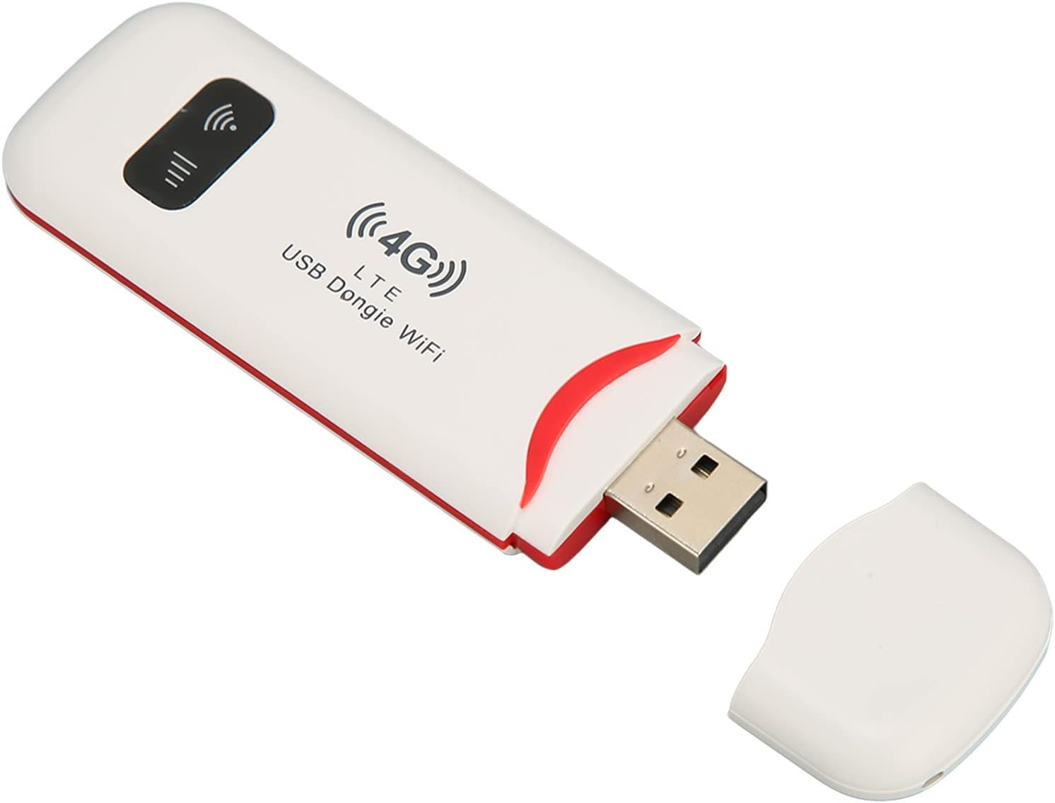 Weißer USB-Dongle mit roten Akzenten und schwarzen Knöpfen. Das Gerät hat ein 4G LTE Wi-Fi-Logo. Die Kappe ist abgenommen.