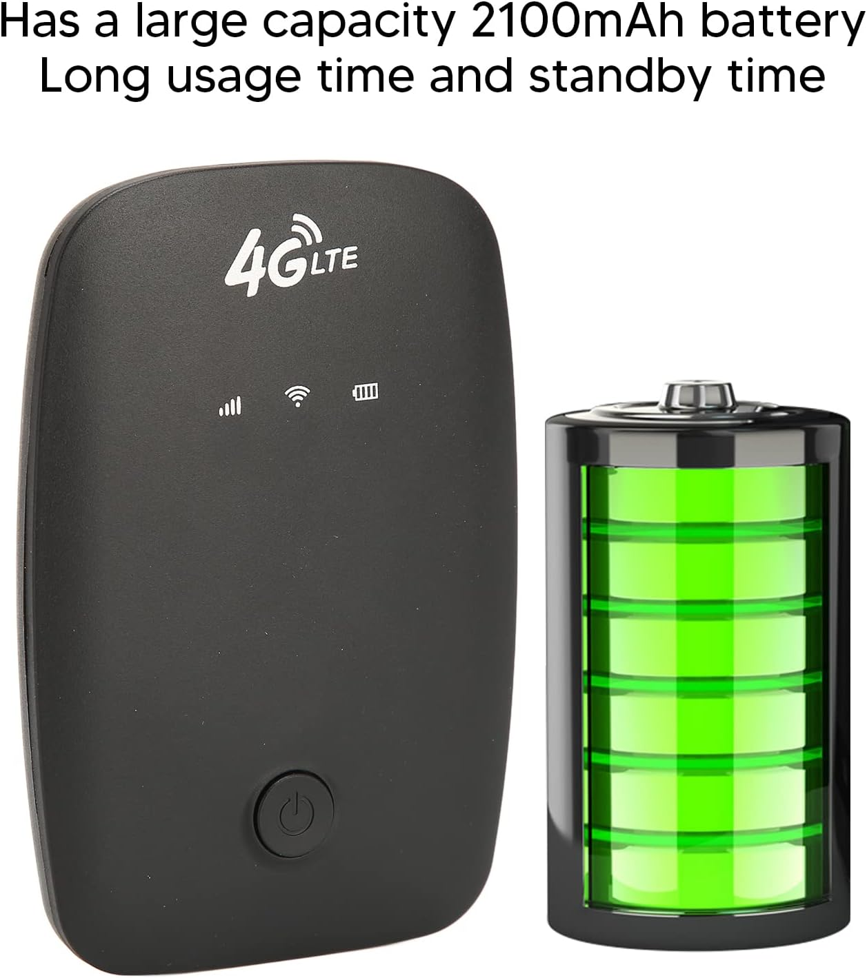 Schwarzes 4G-LTE-Gerät und ein Batteriesymbol, das volle Ladung anzeigt. Text besagt: 'Hat eine große Kapazität von 2100 mAh'.