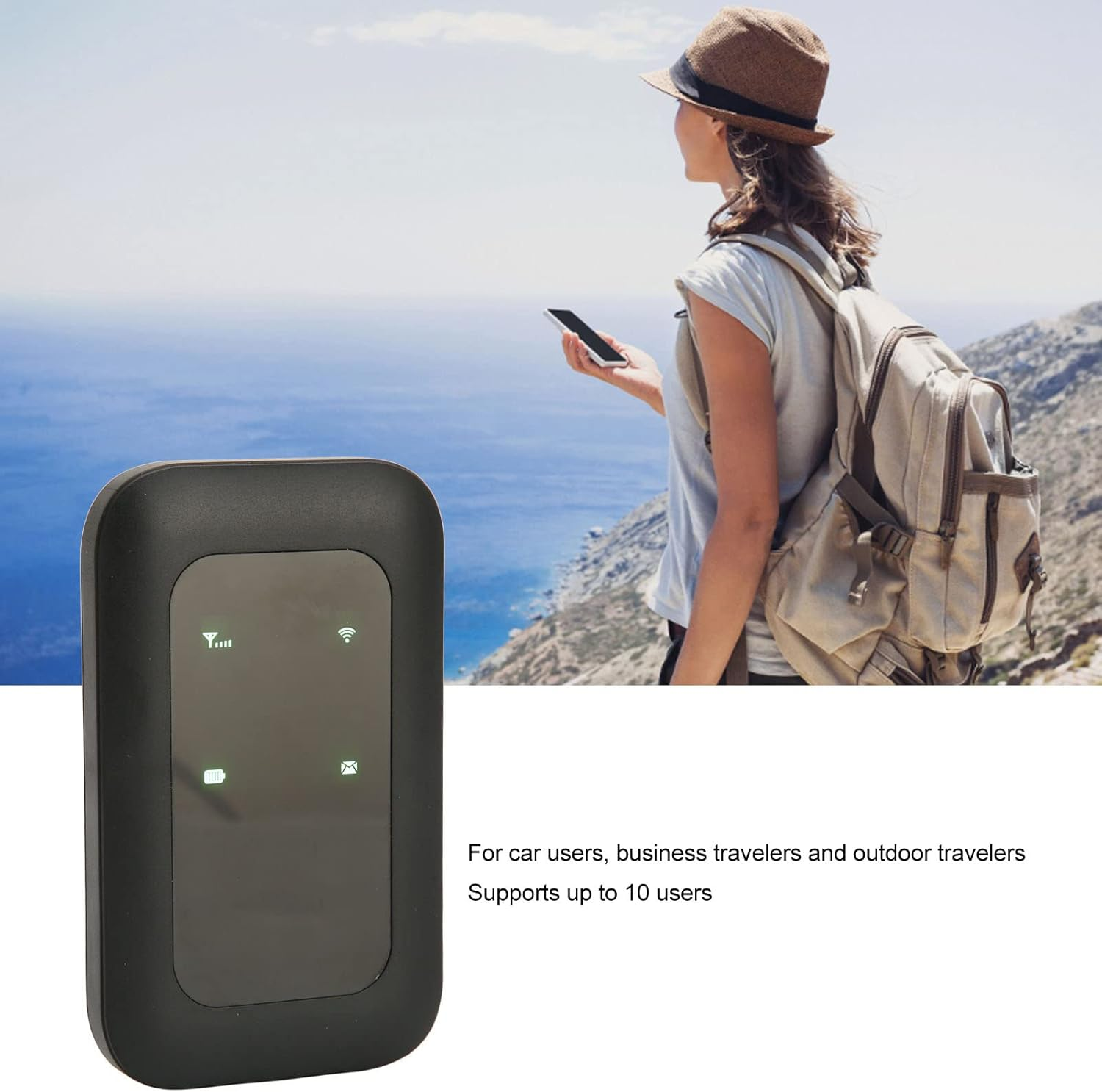 Ein schwarzes tragbares WLAN-Gerät im Vordergrund. Im Hintergrund eine Frau mit Hut und Rucksack, die ein Telefon hält.
