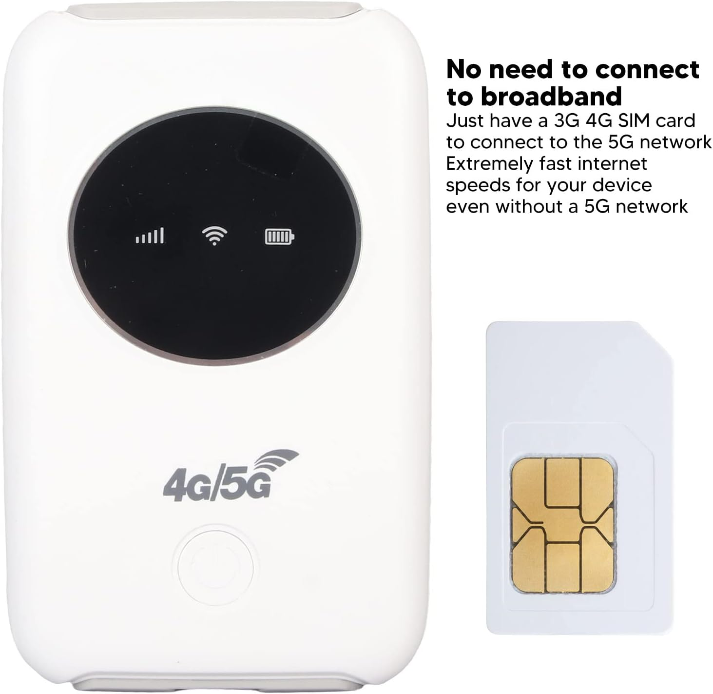 Weißes 4G/5G-Modem mit schwarzem Kreis, Symbolen und SIM-Karte. Text: 'Keine Verbindung zum Breitband erforderlich'.