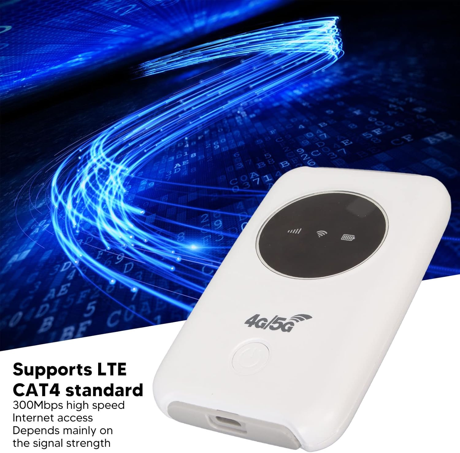 Ein weißer 4G/5G-Mobilrouter mit Bildschirm, Ein/Aus-Taste und Anschluss. Blaue digitale Datenströme im Hintergrund.