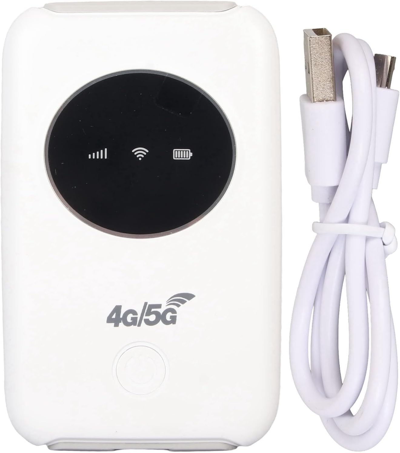 Ein weißer 4G/5G-Mobilrouter mit schwarzem Bildschirm, der Signal, WLAN und Akku anzeigt. Daneben ein weißes USB-Kabel.