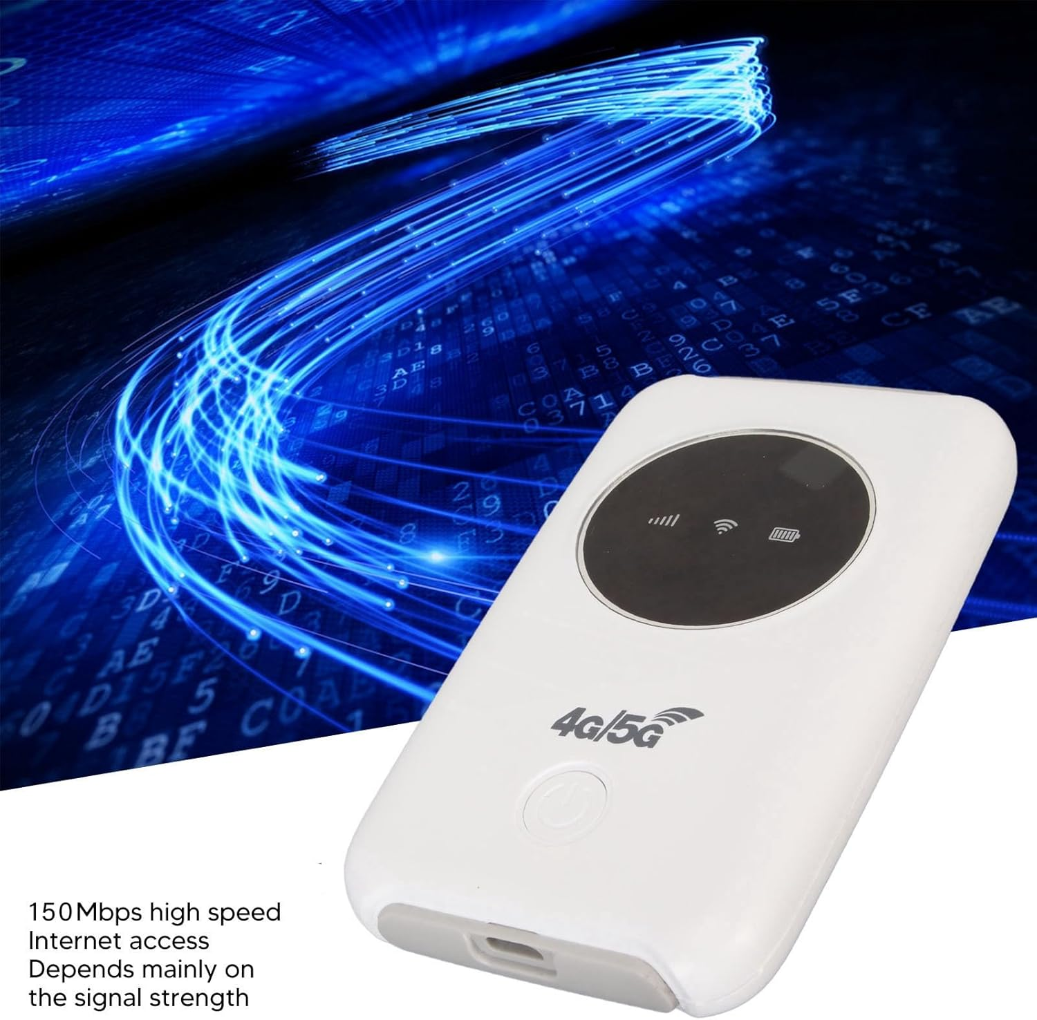 Weißer 4G/5G-Router mit schwarzem Bildschirm, Ein-Aus-Taste und Datenströmen auf blauem Digitalhintergrund.