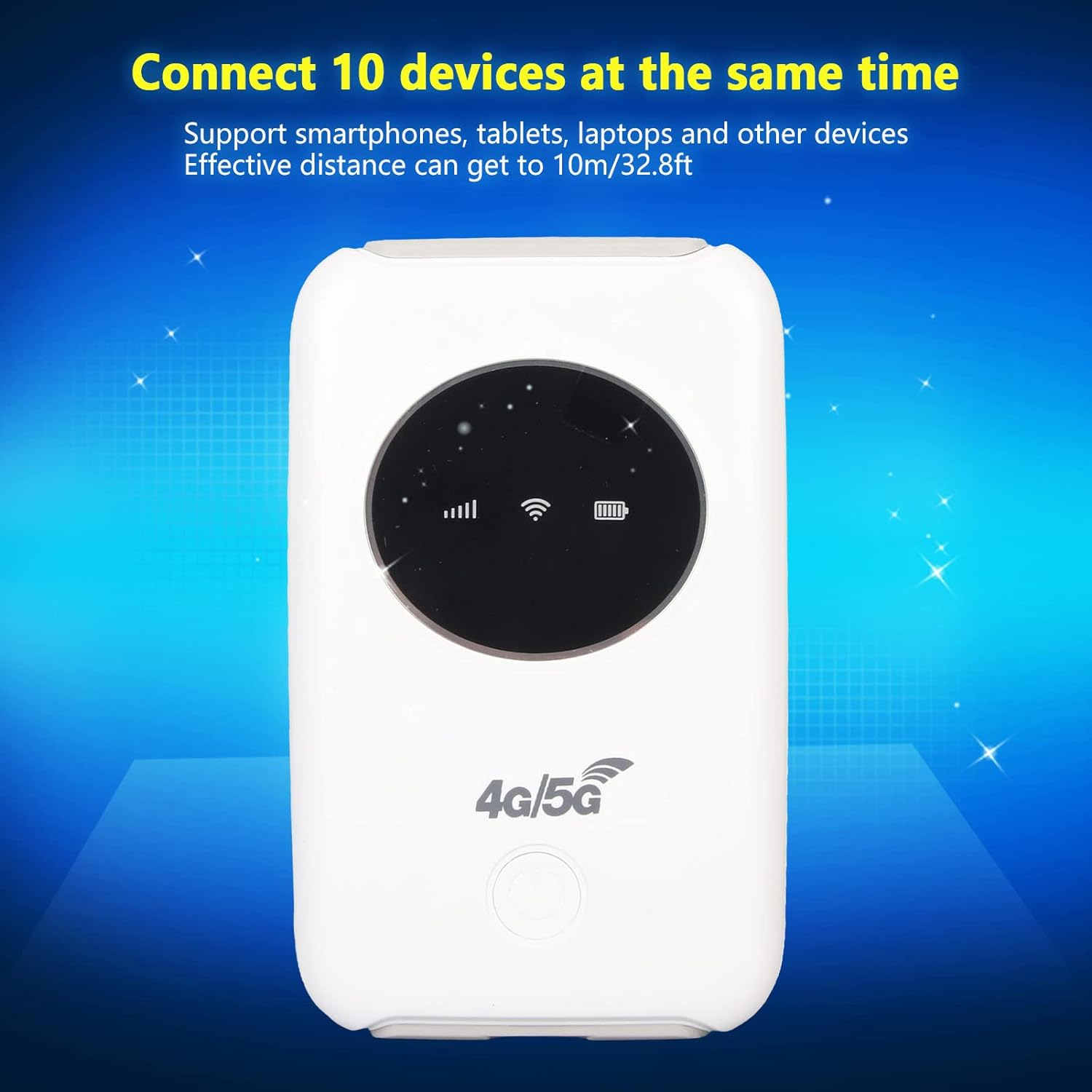 Weißer 4G/5G-Router. Text besagt, dass 10 Geräte angeschlossen werden können, Smartphones, Tablets und Laptops unterstützt werden.