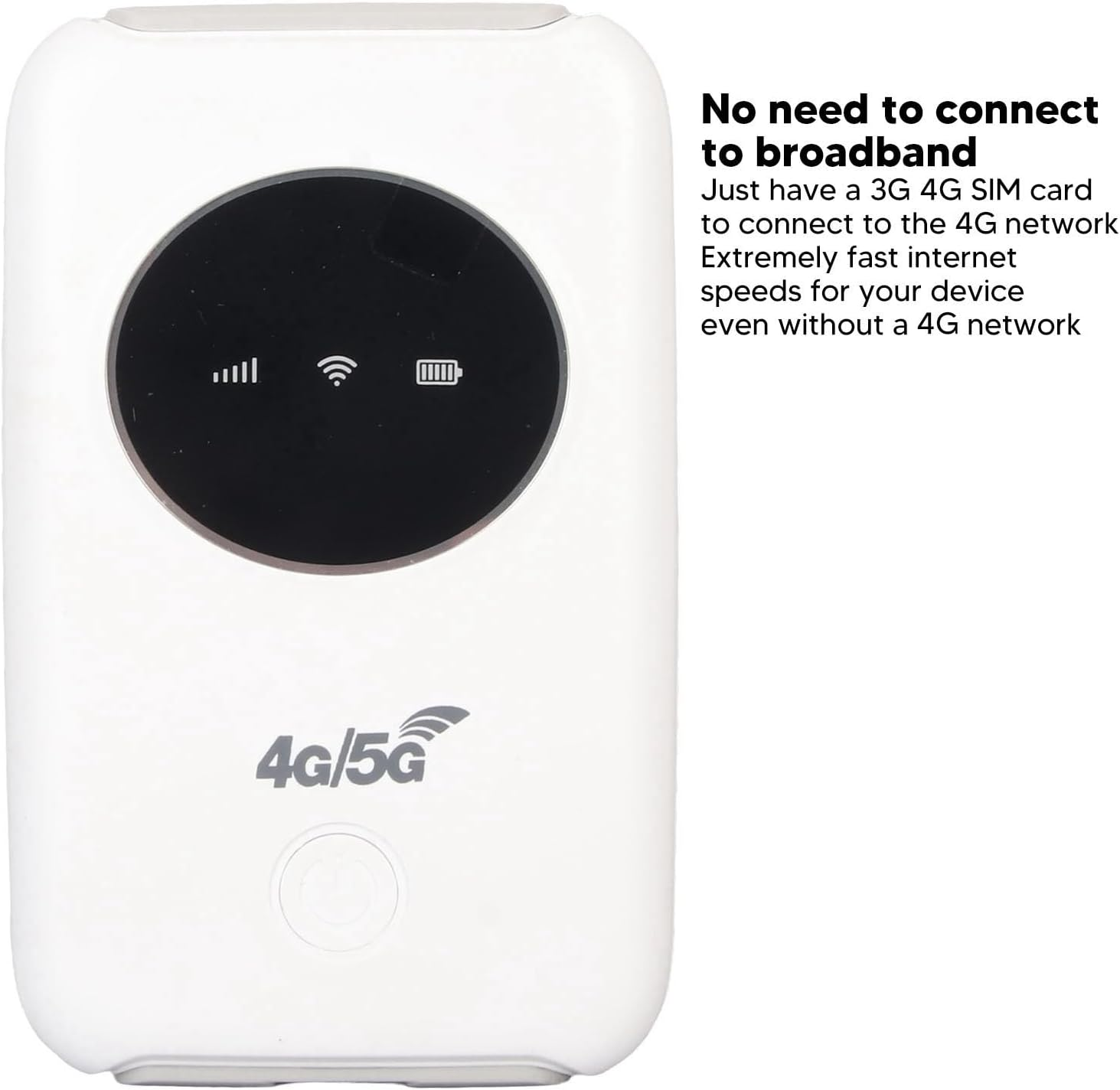 Weißer 4G/5G-WLAN-Router mit schwarzem Bildschirm, der Signal-, WLAN- und Batterieanzeigen anzeigt. Text auf der Seite.