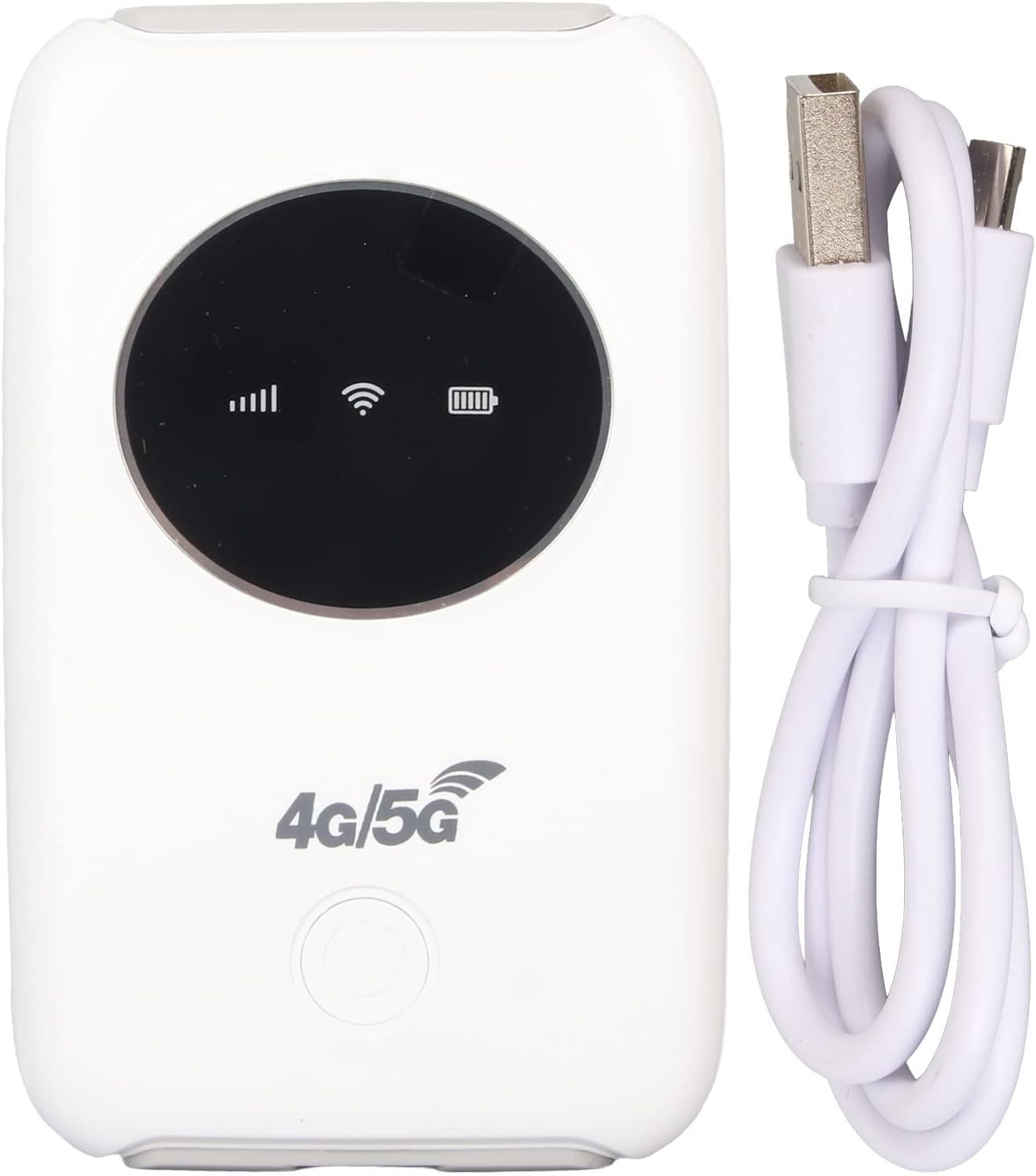 Weißer 4G/5G mobiler WLAN-Router mit schwarzem Kreis. Rechts ein weißes Kabel mit USB-Anschlüssen.