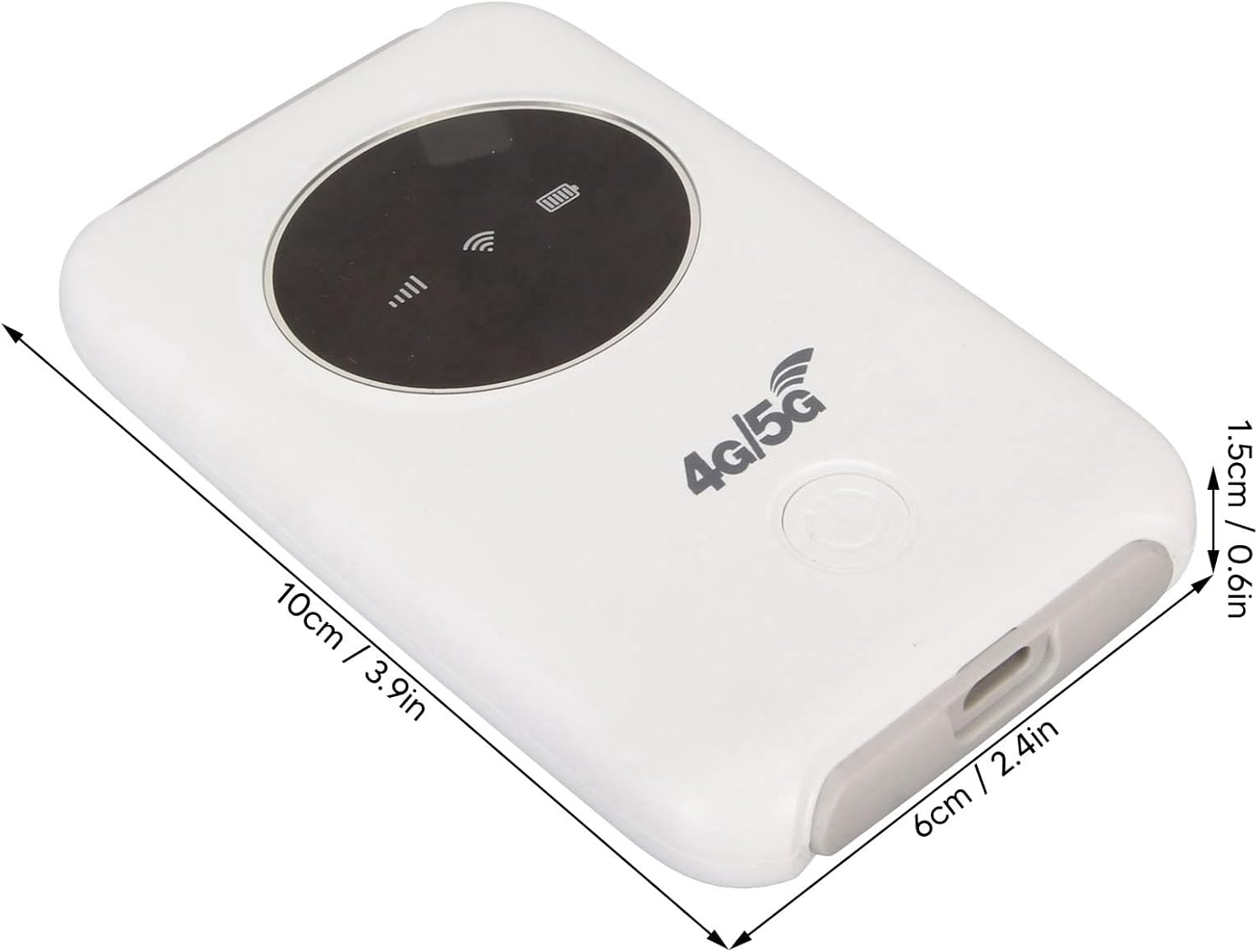 Weißer 4G/5G-Mobiler Router. Schwarzes rundes Display mit Symbolen. Hat einen Power-Knopf und USB-Anschluss. Abmessungen sind angegeben.