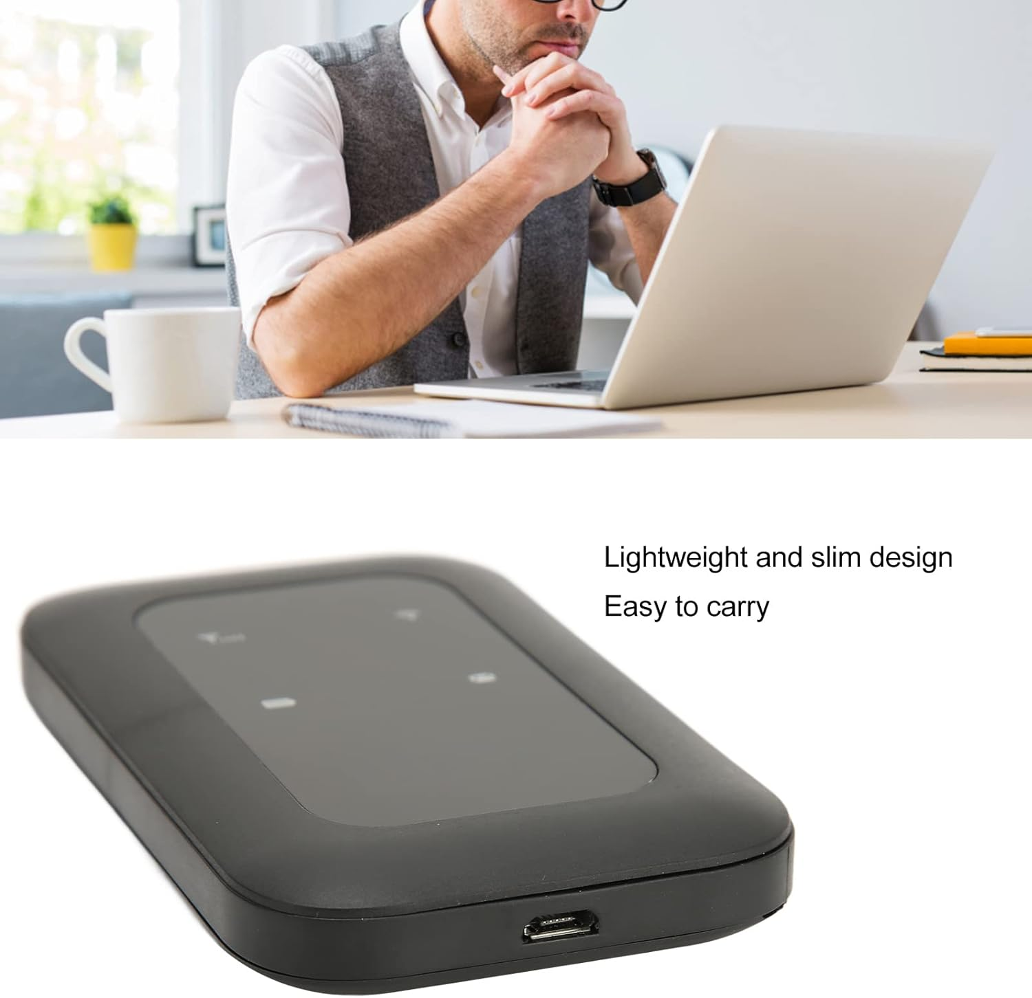 Ein Mann mit Brille grübelt über einem Laptop. Ein schwarzes Gerät ist im Vordergrund. Eine weiße Tasse und eine Pflanze stehen auf dem Schreibtisch.