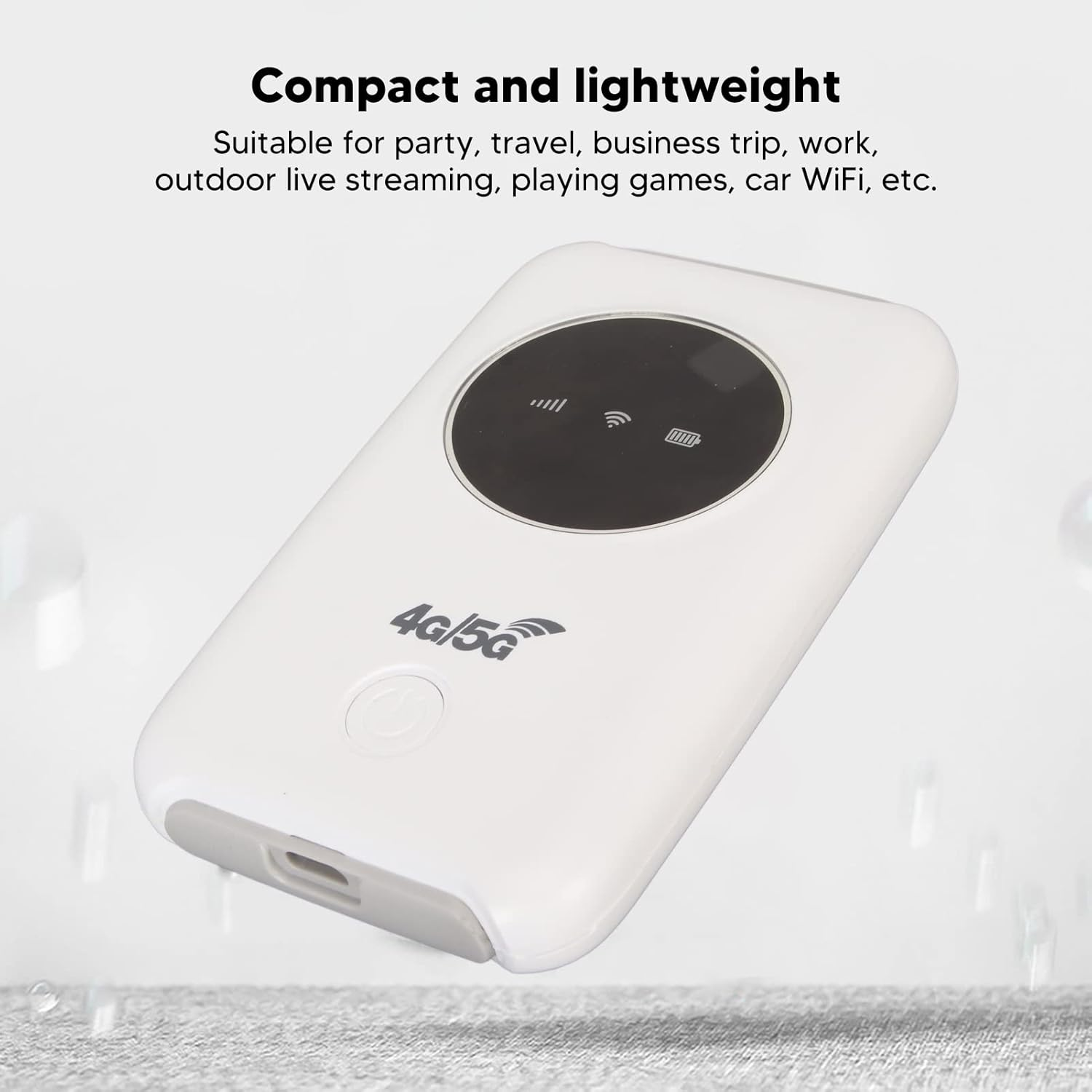 Ein weißes 4G/5G-WLAN-Gerät mit schwarzem Bildschirm. Text: Kompakt und leicht. Geeignet für Reisen, Arbeit und Spielen.