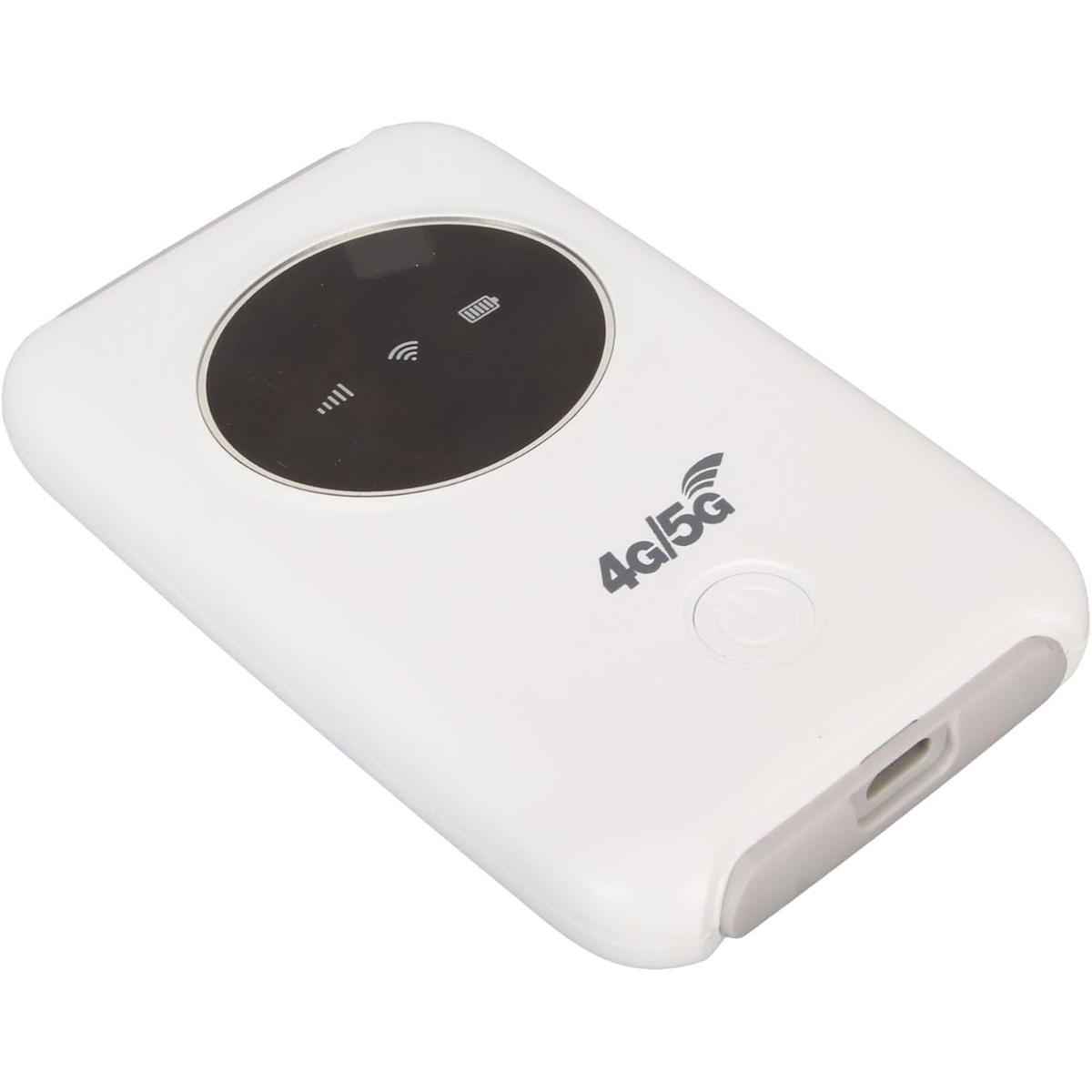 Ein weißer mobiler 4G/5G-WLAN-Router. Er hat ein schwarzes rundes Display mit Symbolen und eine Ein/Aus-Taste.