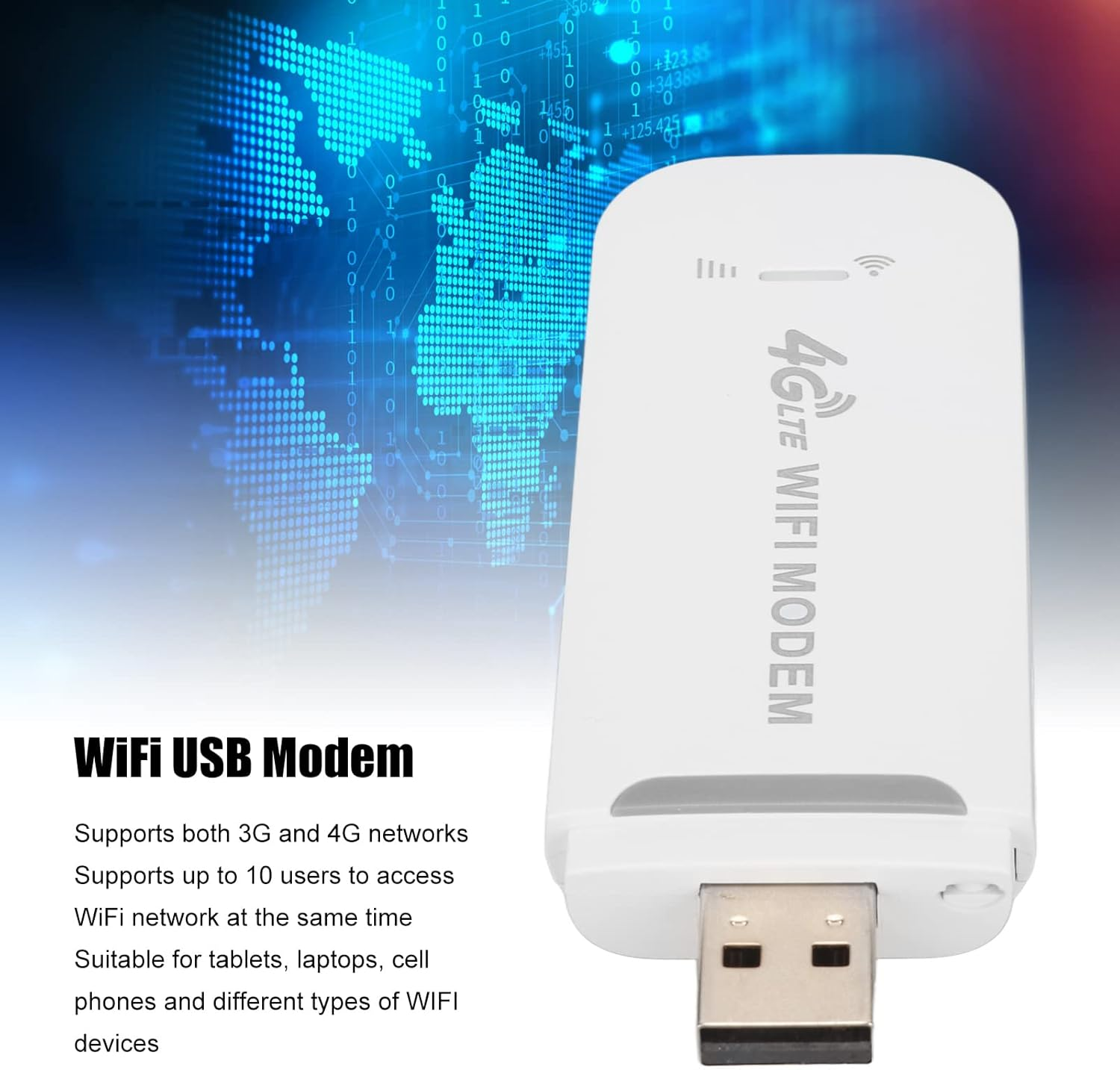 Ein weißes 4G LTE WLAN-Modem mit USB-Anschluss, Text sagt 'WiFi USB Modem'. Hintergrund hat eine digitale Weltkarte.