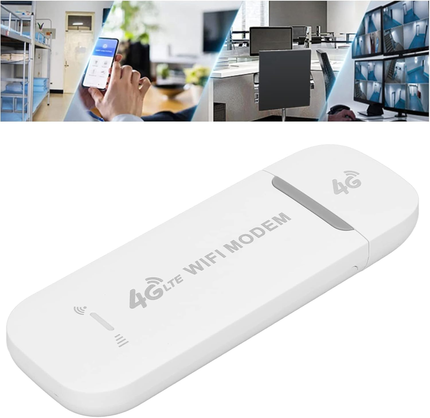 Gezeigt wird ein weißes 4G LTE WiFi-Modem. Der Hintergrund umfasst Bilder einer Person, die ein Telefon benutzt, und eine Überwachungskamera.