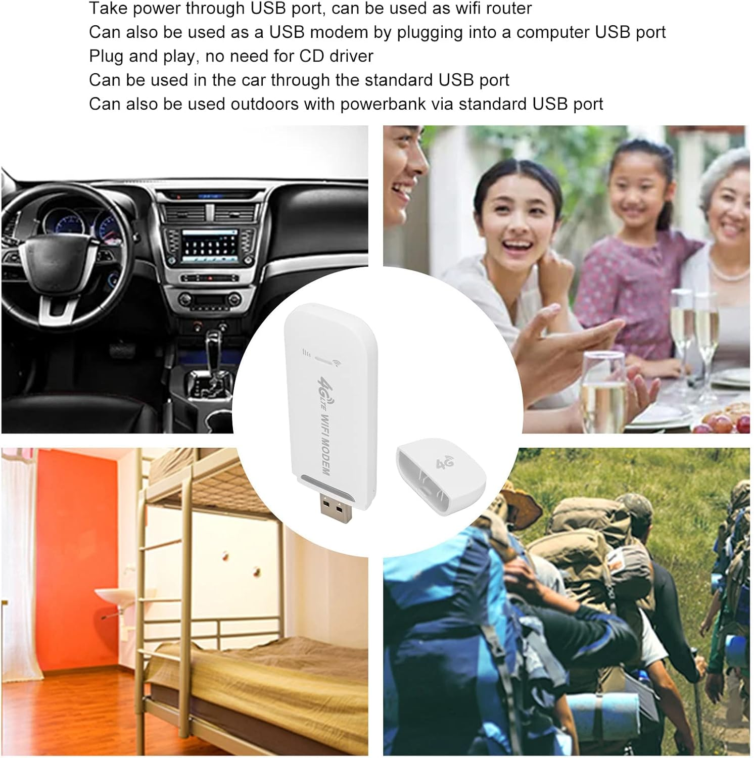 Ein weißes 4G-WLAN-Modem, Armaturenbrett, lächelnde Familie, Etagenbett und Wanderer mit Rucksäcken im Freien.