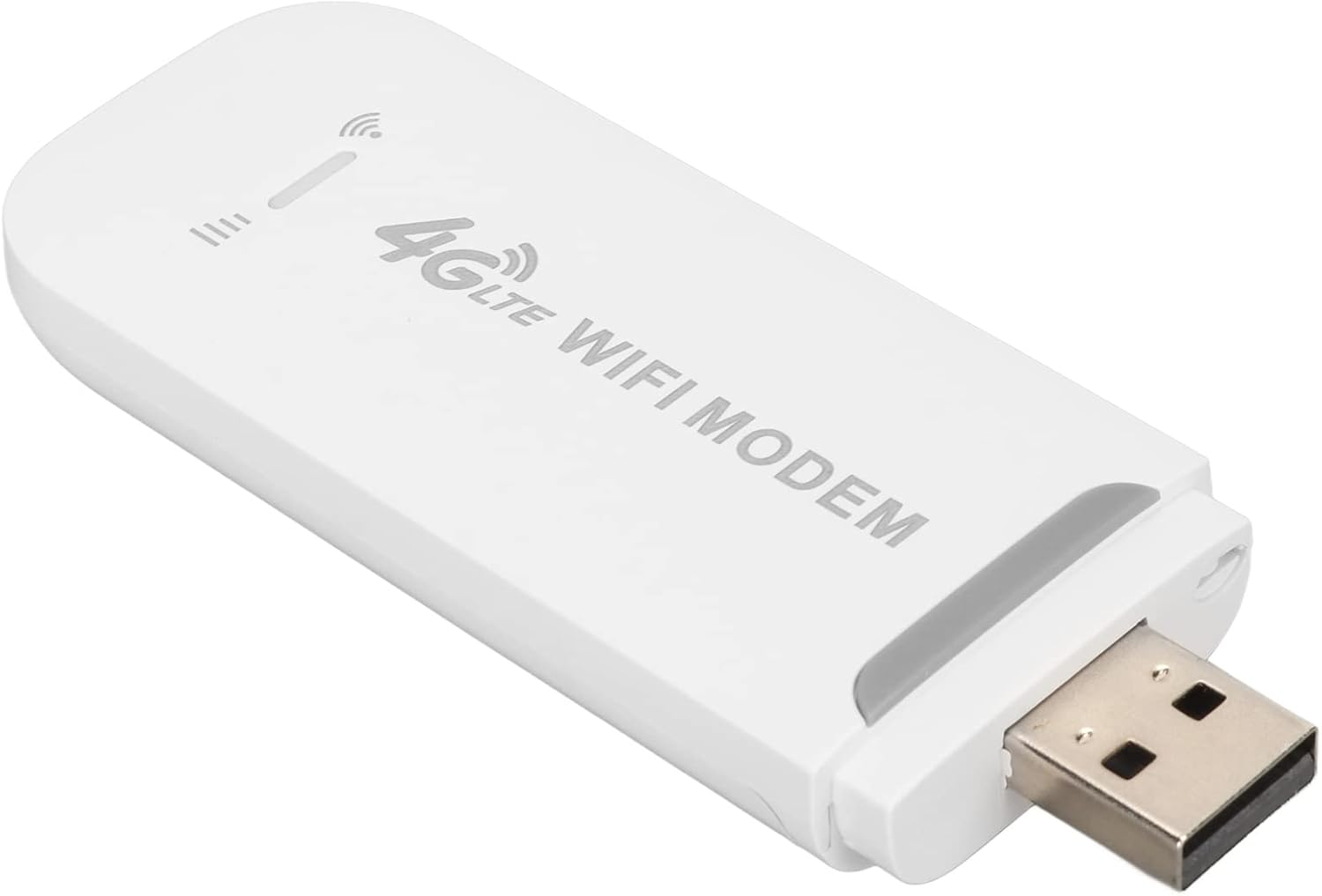 Ein weißes 4G-LTE-WLAN-Modem mit USB-Anschluss. Es hat den Text '4G LTE WIFI MODEM' und Signal-Symbole.