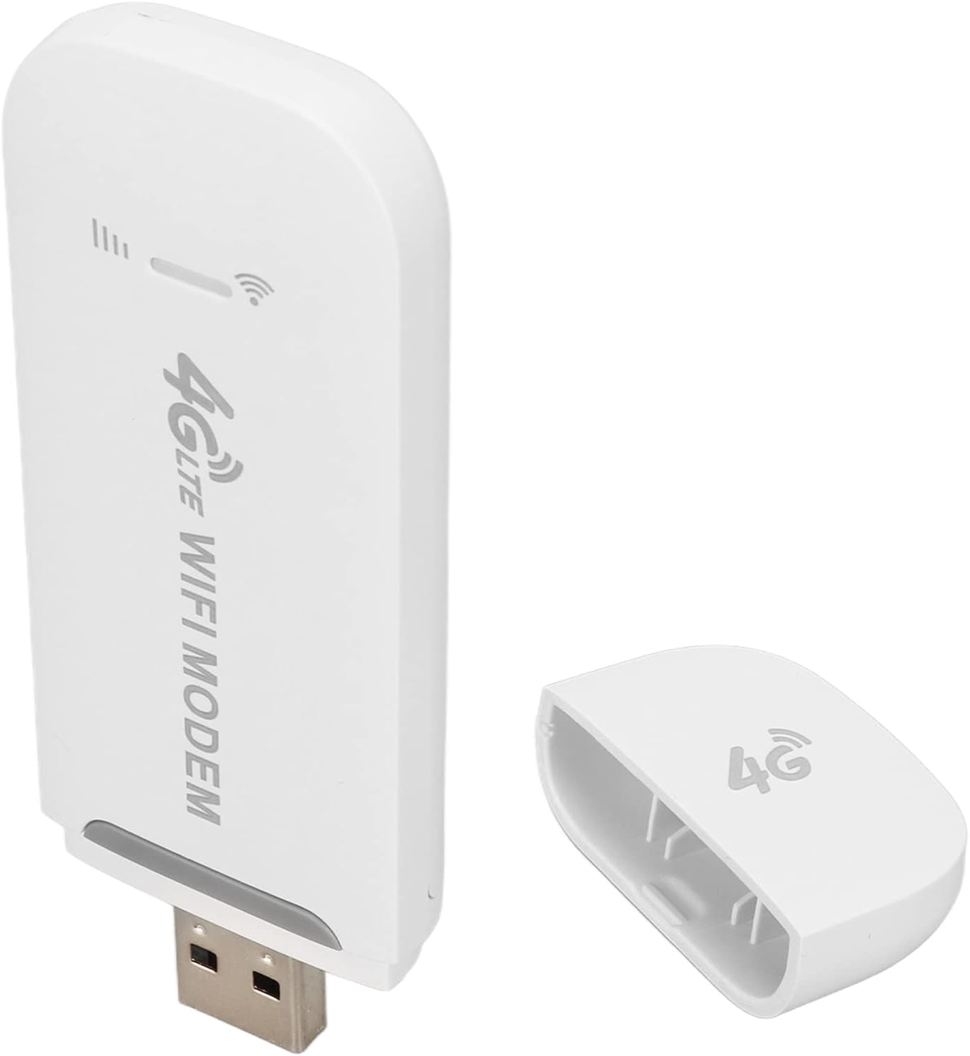 Ein weißes 4G LTE WiFi-Modem mit abgenommener Kappe. Es hat einen USB-Anschluss und ein 4G-Logo.