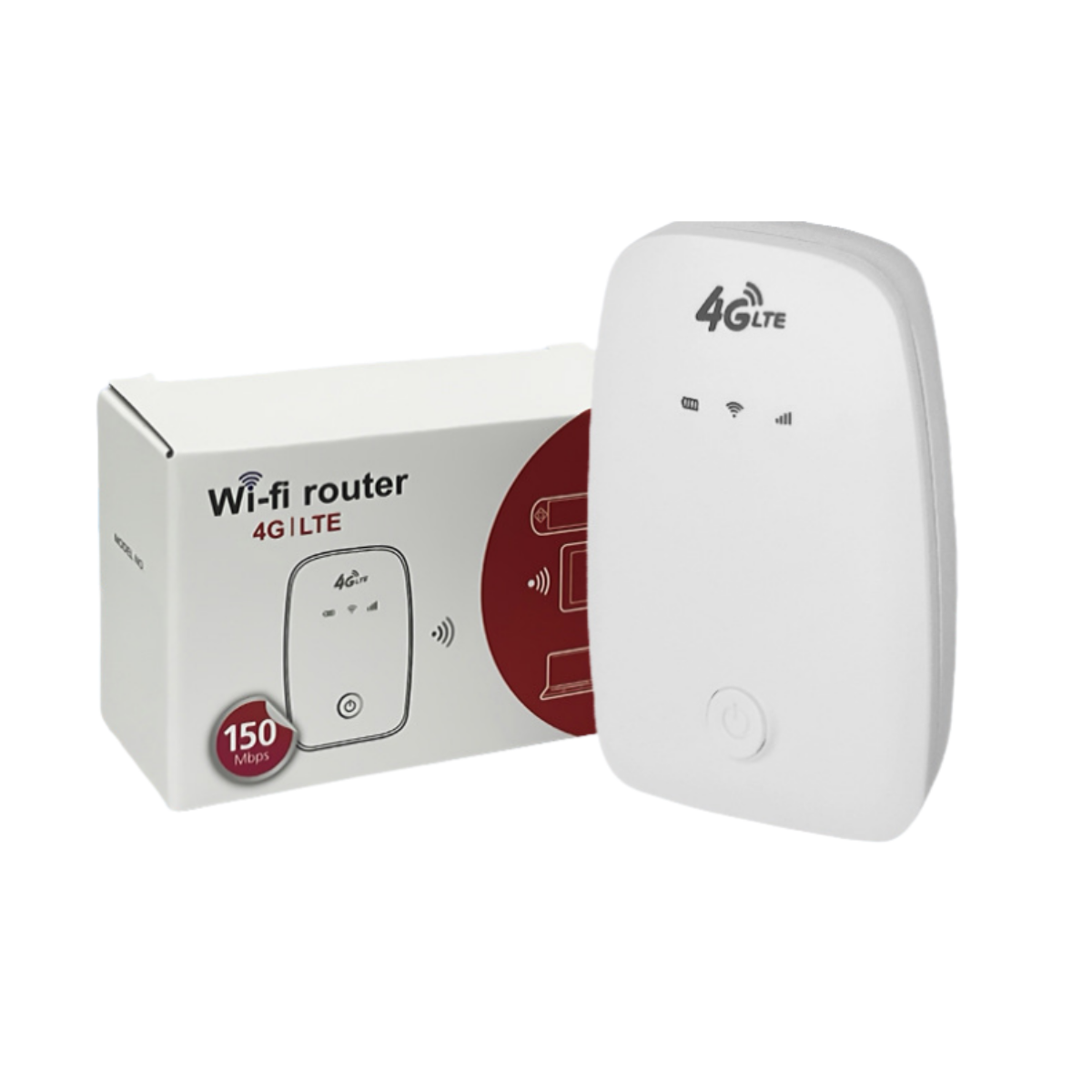 Ein weißer WLAN-Router mit passender Box. Auf der Box steht 'Wi-Fi Router' und '4G LTE'. Der Router hat einen Power-Knopf.