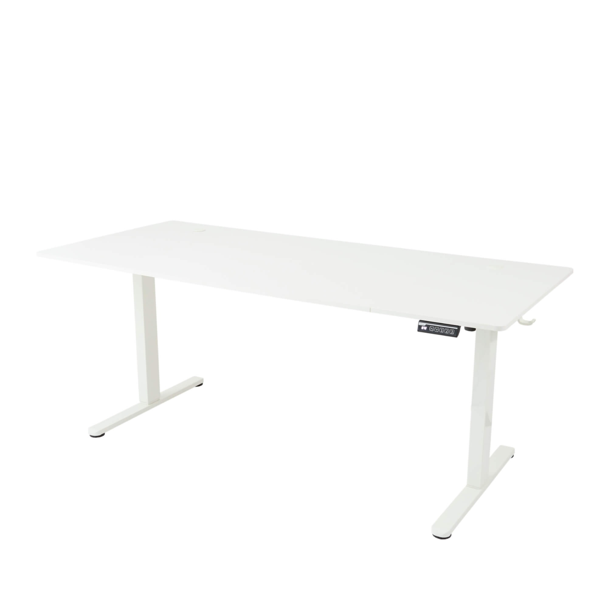 Ein weißer, höhenverstellbarer Schreibtisch mit zwei T-förmigen Beinen und einem Bedienfeld. Der Hintergrund ist weiß.