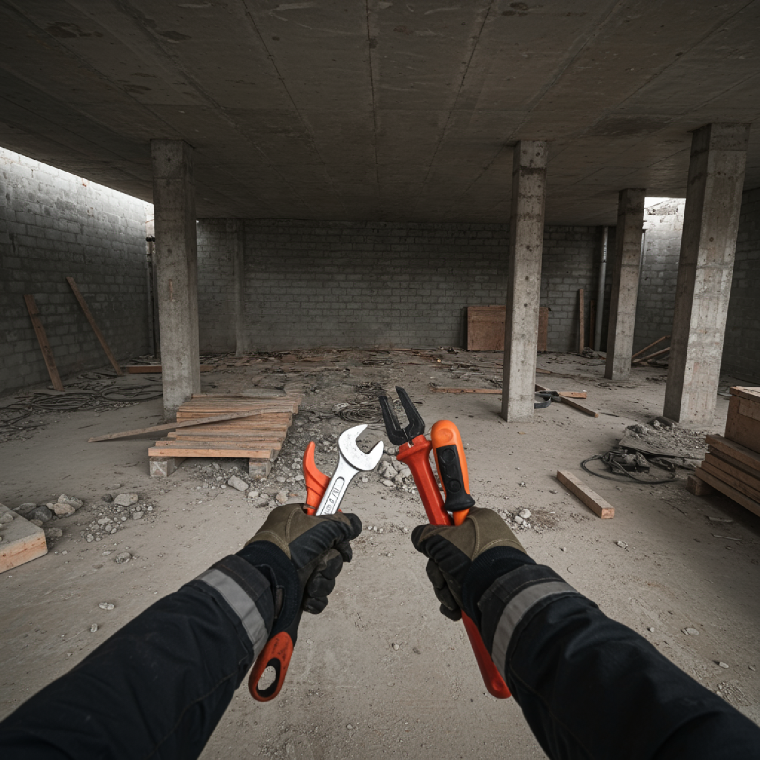 A person holding pliers and a wrench in a construction site. The site is unfinished, with concrete pillars and brick walls.