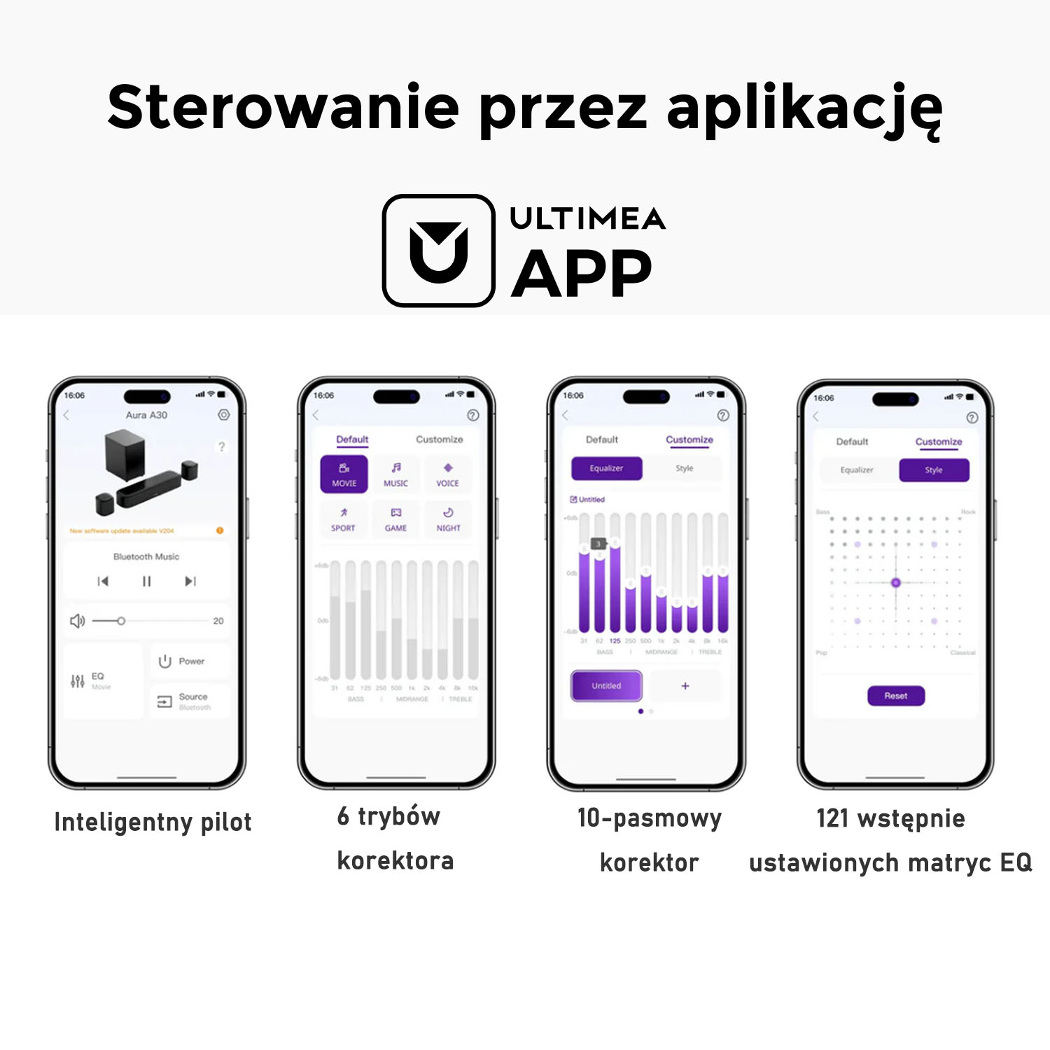 Ekran telefonu pokazuje aplikację Ultimea z ustawieniami EQ. Zawiera korektor, tryby muzyczne i regulację głośności.