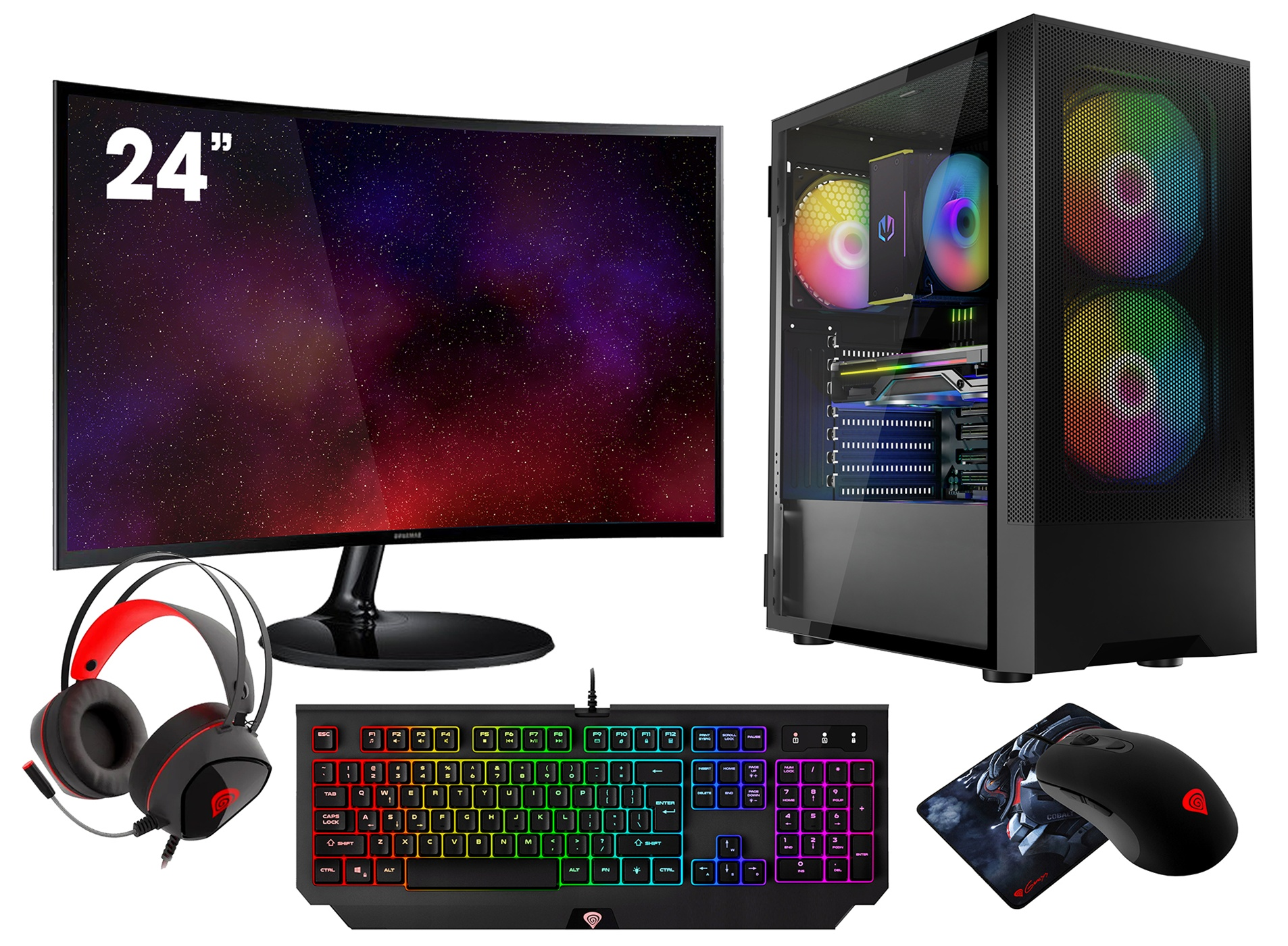 Un setup da gioco. Include monitor, PC, cuffie, tastiera, mouse e tappetino. Il monitor mostra uno sfondo stellato.