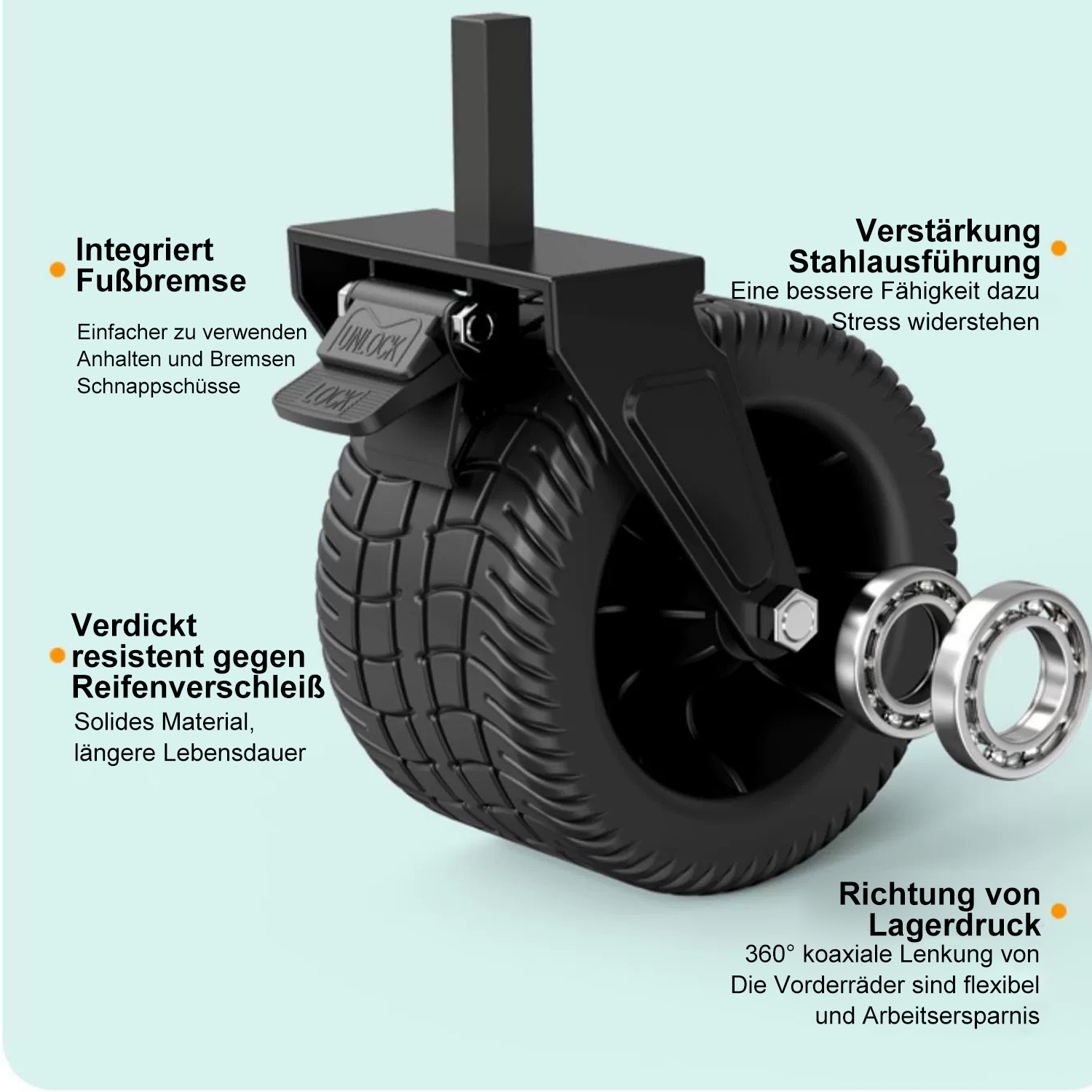 Ein schwarzes Lenkrad mit Verriegelungsmechanismus, mit dickem Reifen, Lagern und deutschen Textbeschriftungen.