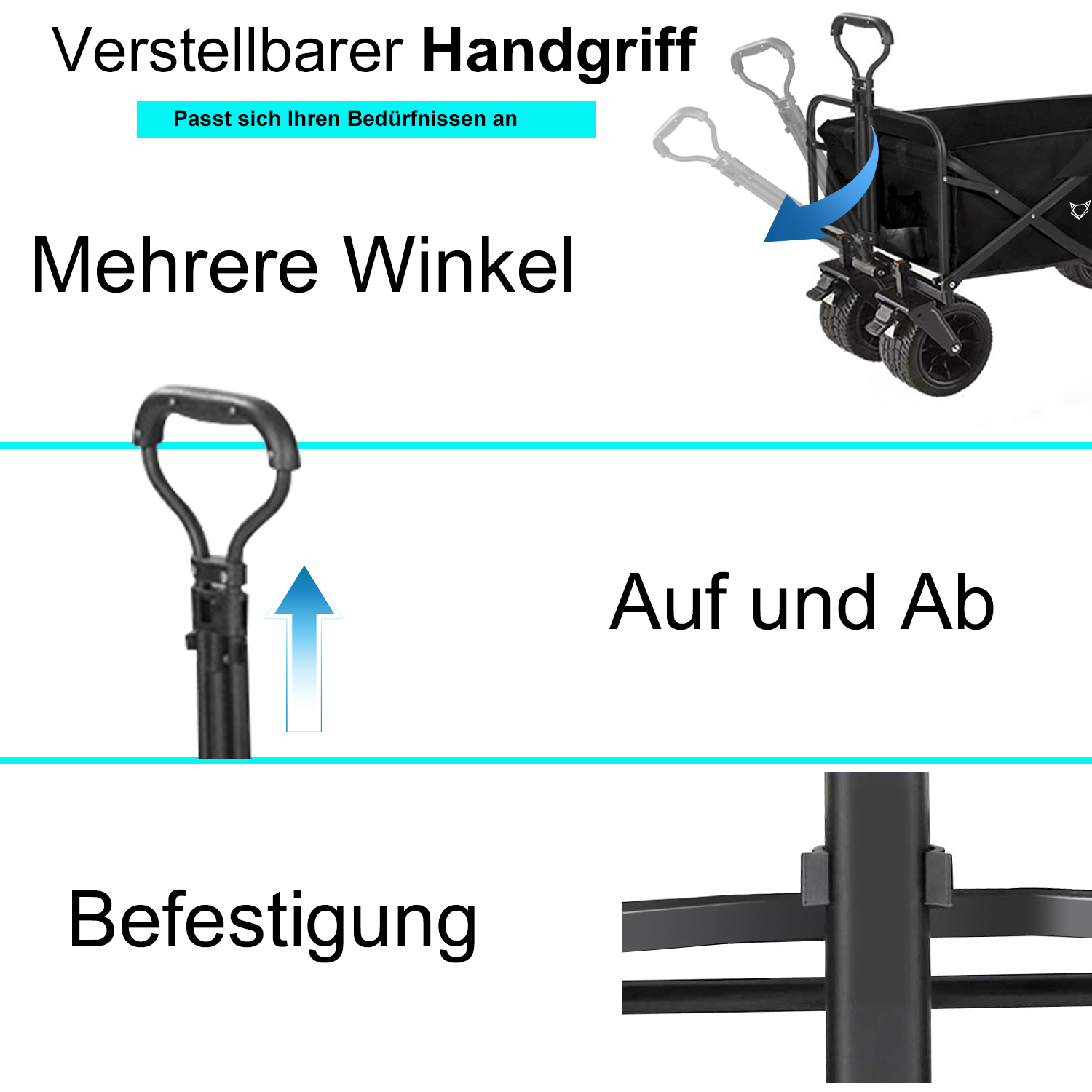 Ein Bild zeigt einen schwarzen Wagen mit verstellbarem Griff. Der Griff kann nach oben und unten bewegt werden. Das Bild zeigt auch die Befestigung des Wagens.